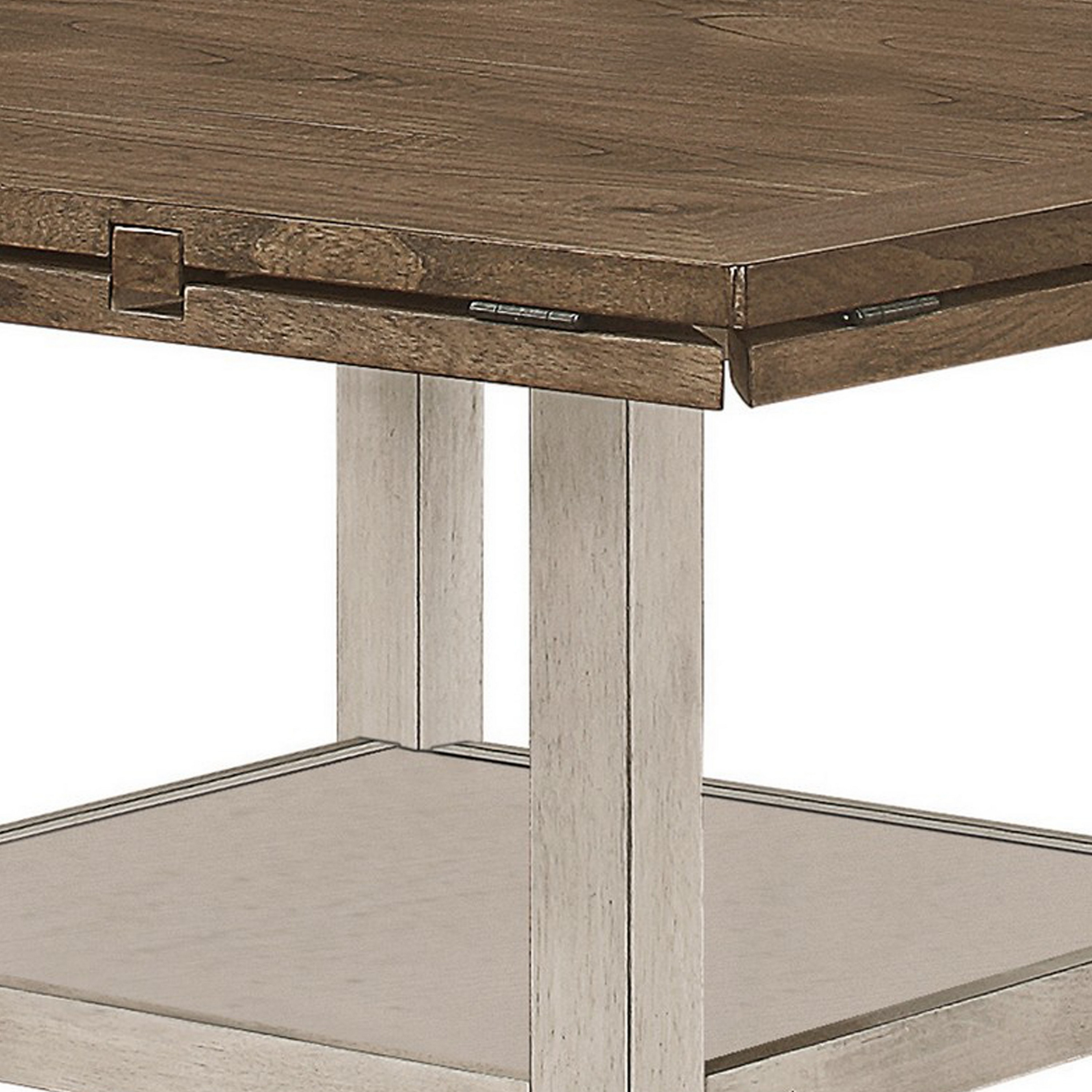 52-60 Inch Counter Height Table, Open Bottom Shelf, 4 Drop Leaves, Brown - Saltoro Sherpi
