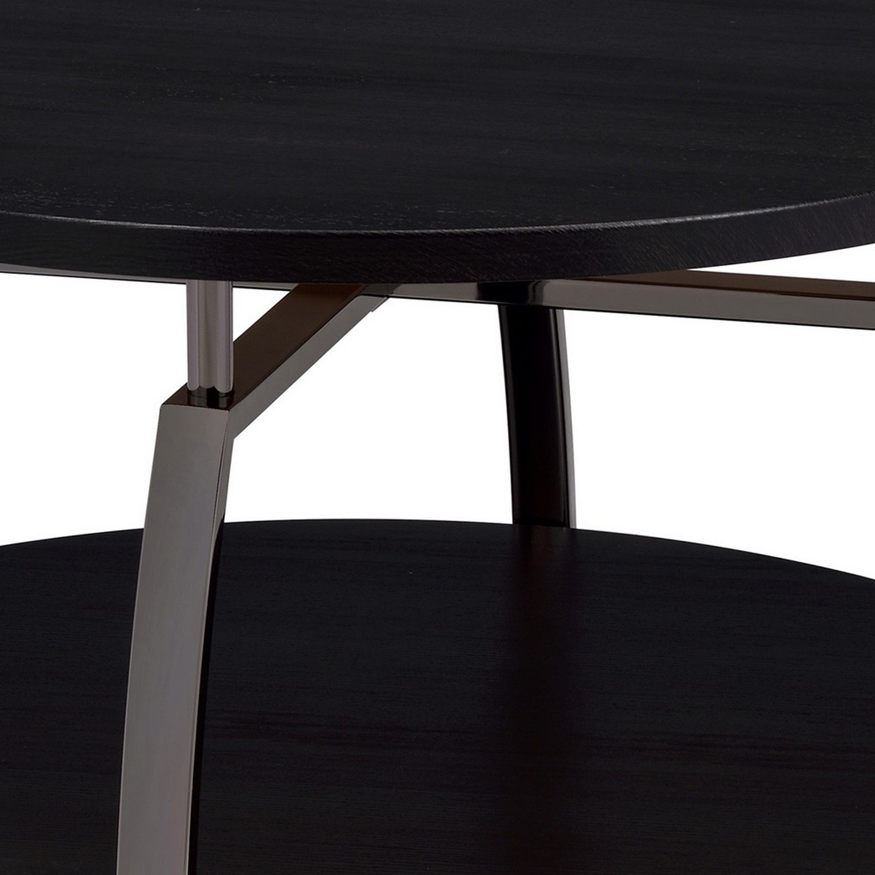 Dyn 35 Inch Round Coffee Table, 1 Shelf, Grayish Black Top, Gray Metal Leg- Saltoro Sherpi