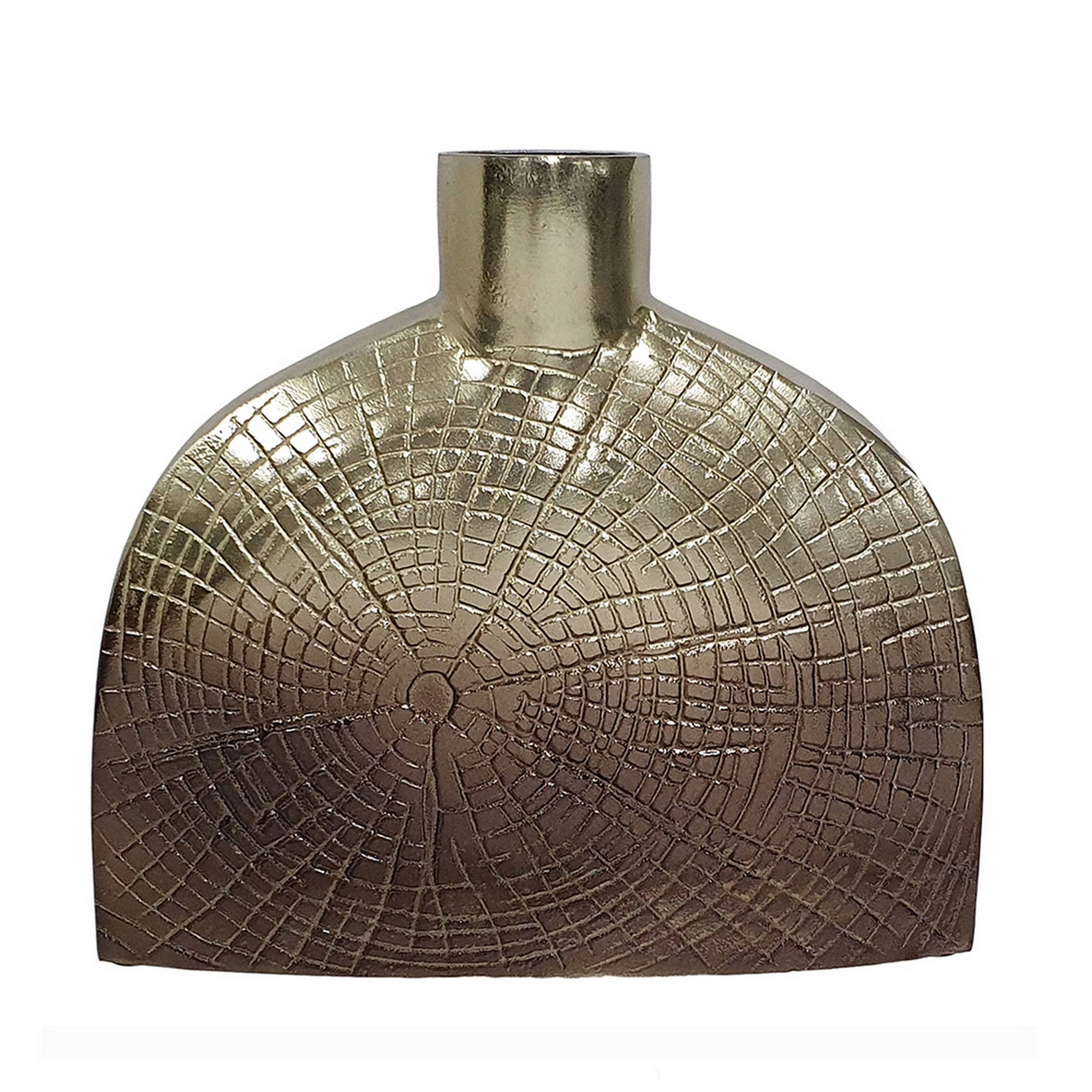 Pece 12 Inch Aluminum Decorative Vase, Webbed Design, Square Base, Gold- Saltoro Sherpi