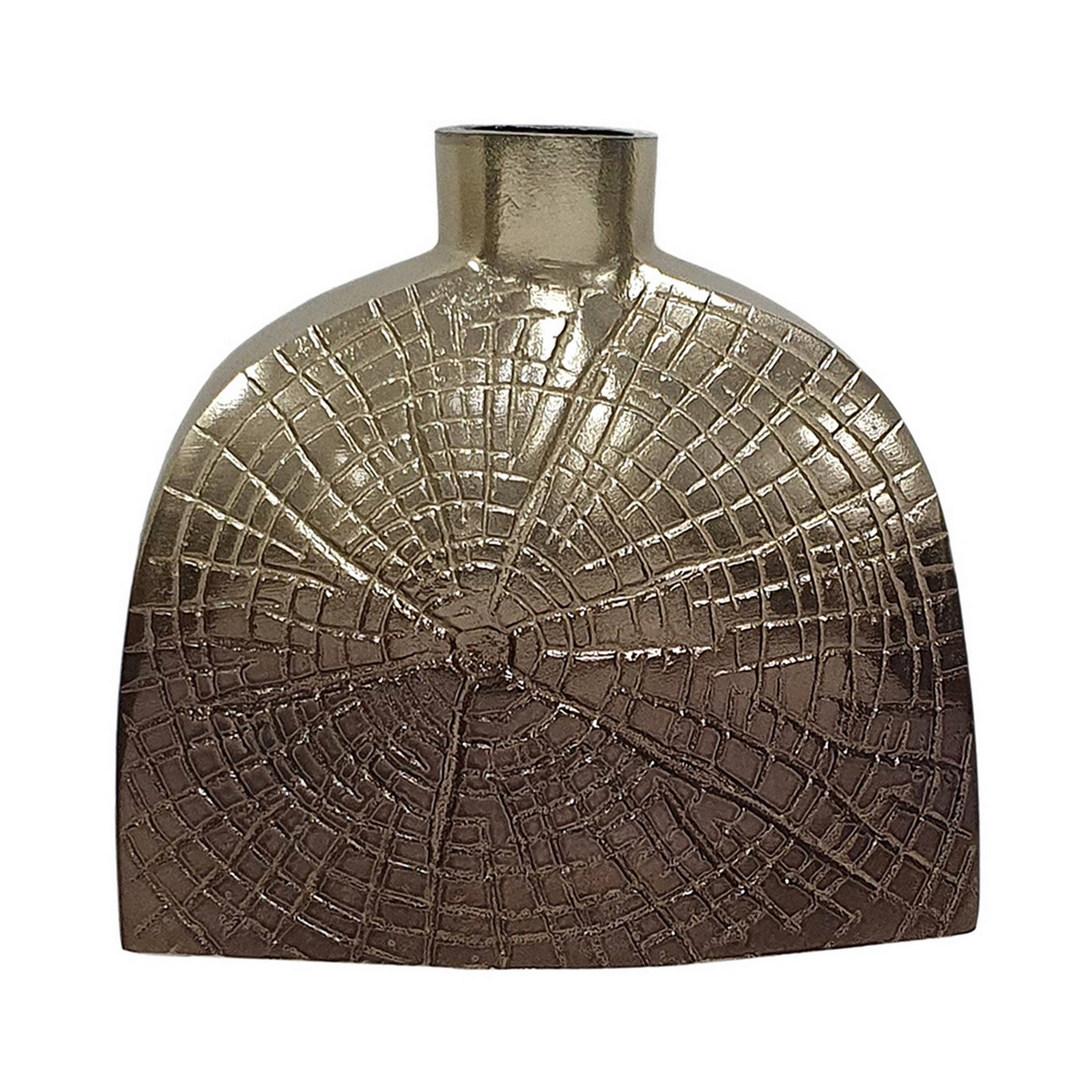 Pece 8 Inch Aluminum Decorative Vase, Webbed Design, Square Base, Gold- Saltoro Sherpi