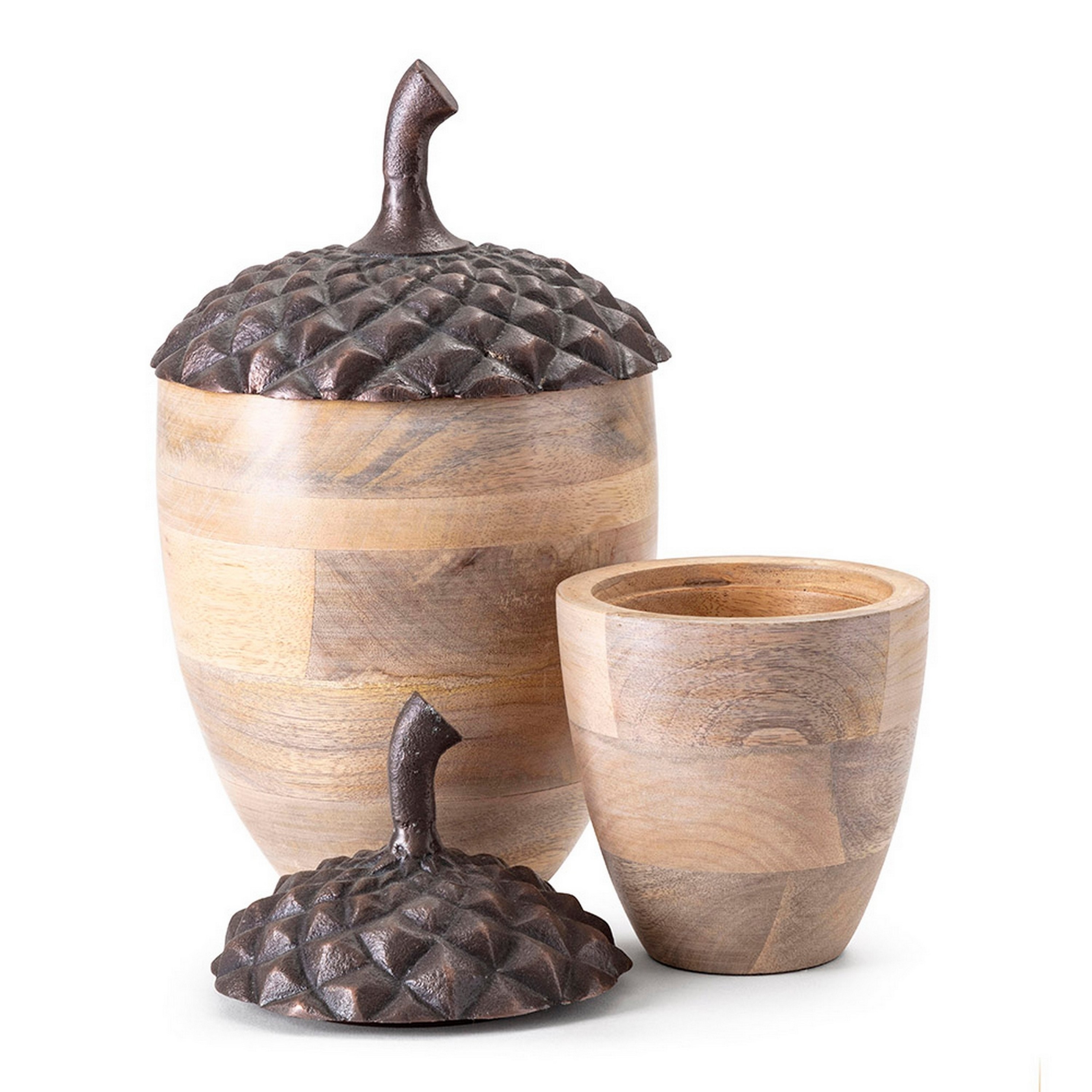 Set Of 2 Decorative Acorn Vase Jars, Wood Body, Aluminum Caps, Rich Brown- Saltoro Sherpi
