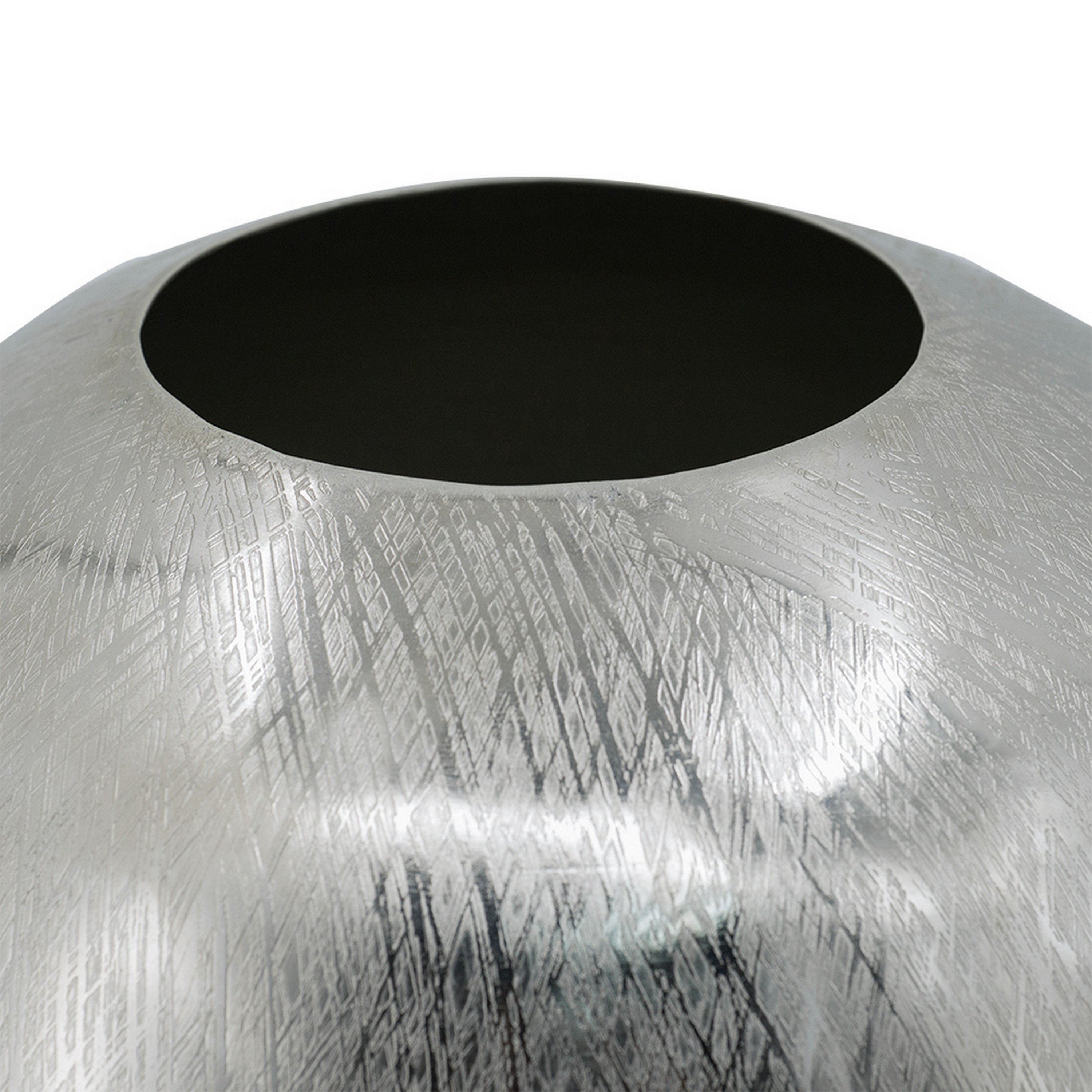 Chan 13 Inch Modern Metal Vase, Curved Round Shape, Metallic Silver Finish- Saltoro Sherpi