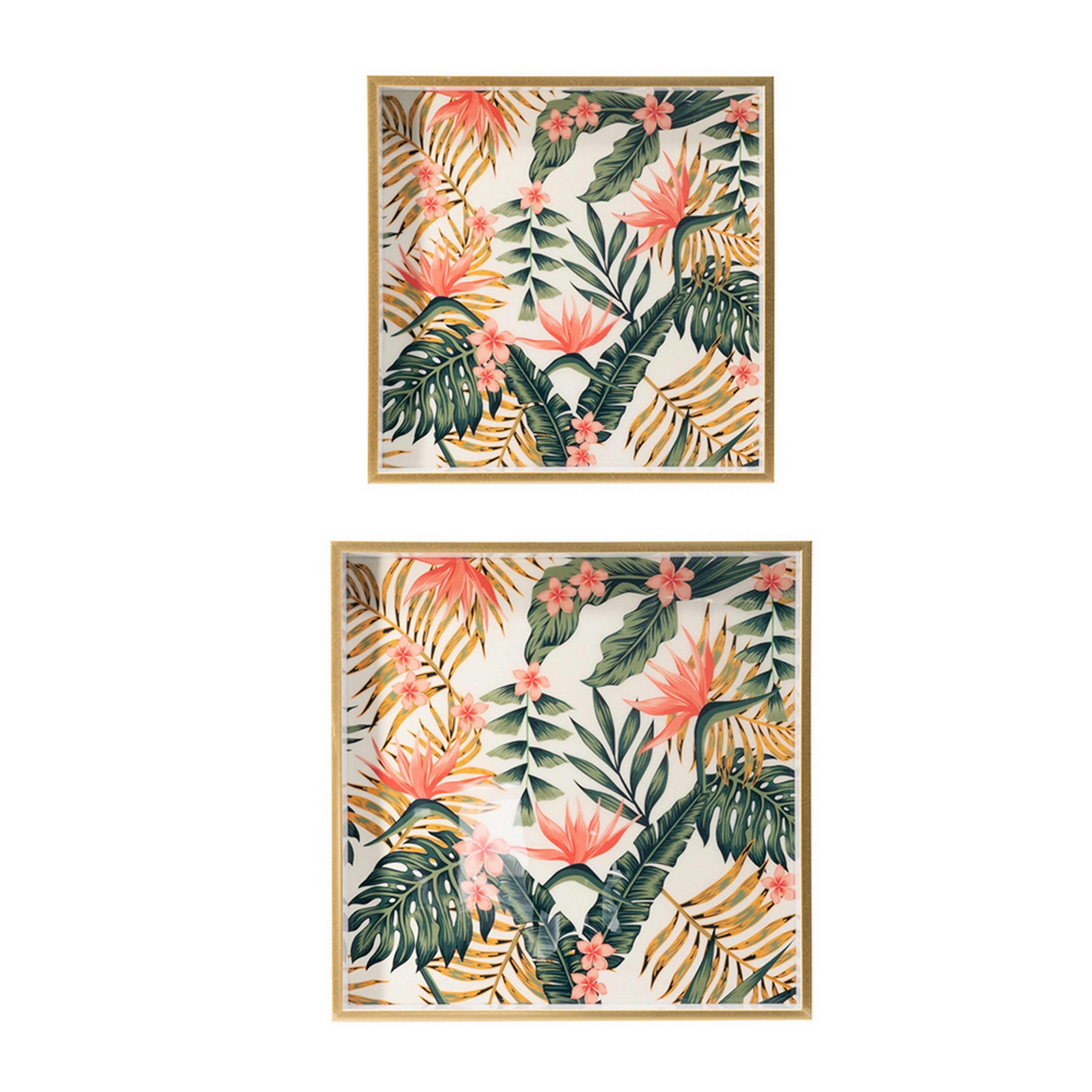 Set Of 2 Decorative Trays, Crisp White MDF, Floral Printed PVC, Pink, Green- Saltoro Sherpi