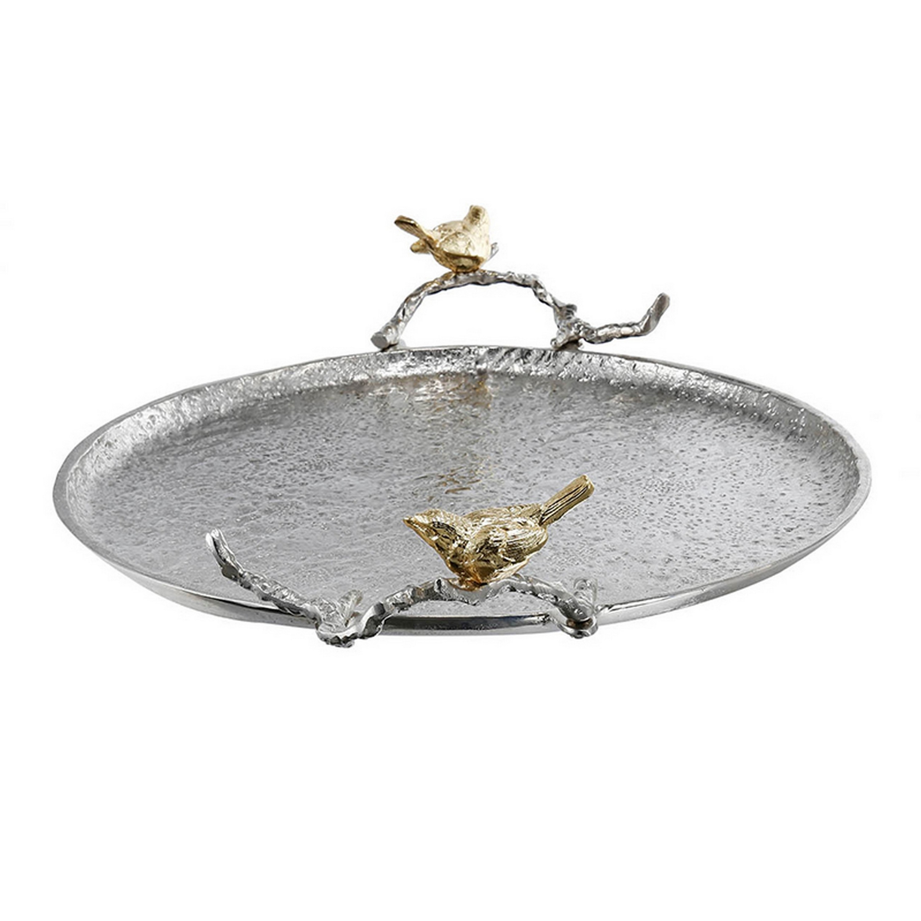 Lark 21 Inch Decorative Tray, Silver Finished Metal With Twisted Handles- Saltoro Sherpi