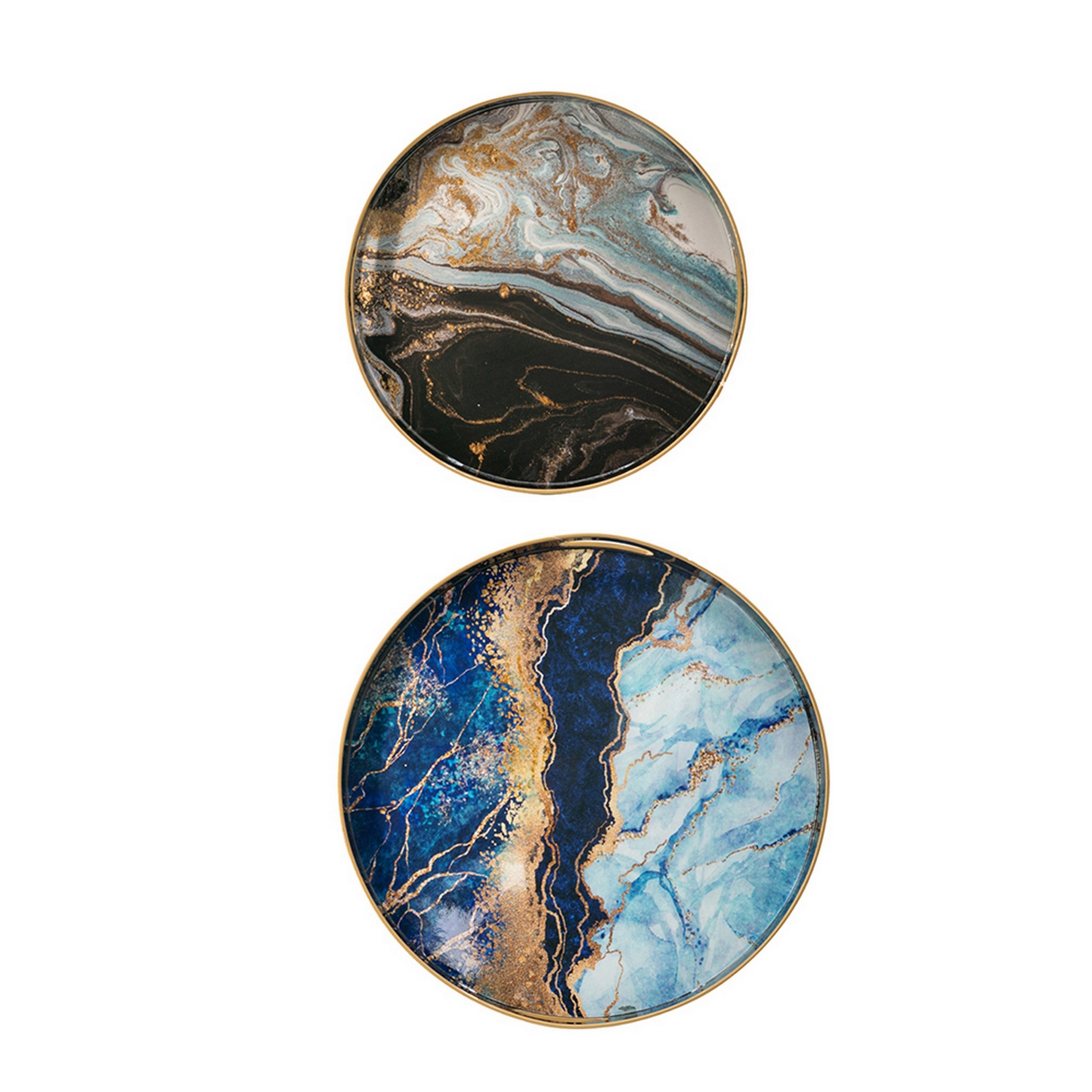 Set Of 2 Round Decorative Trays, Tall Rims, Faux Marble, Blue, Gold- Saltoro Sherpi