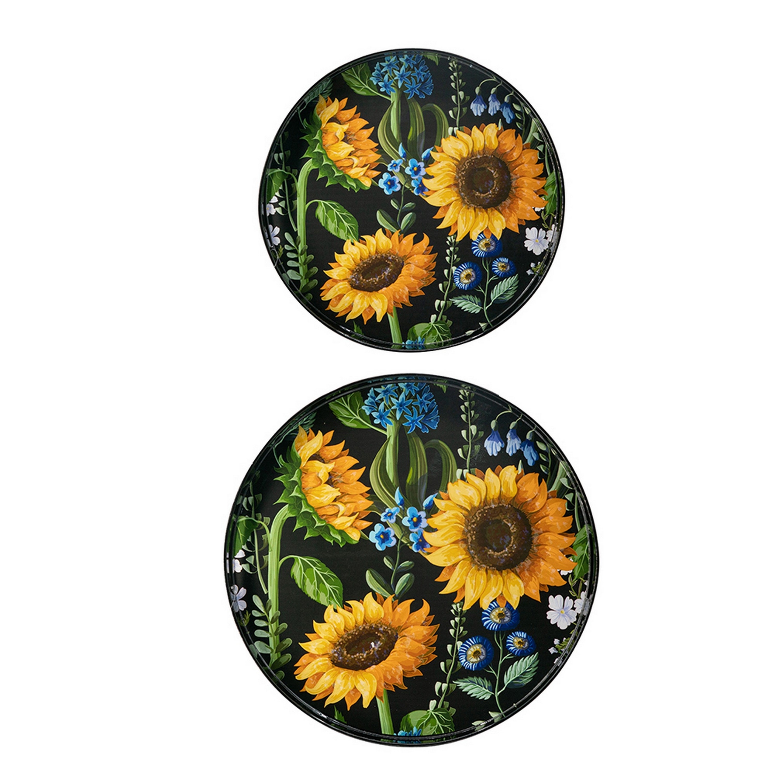 2 Piece Modern Decorative Trays, Round Plastic Frame, Sunflower Motifs - Saltoro Sherpi