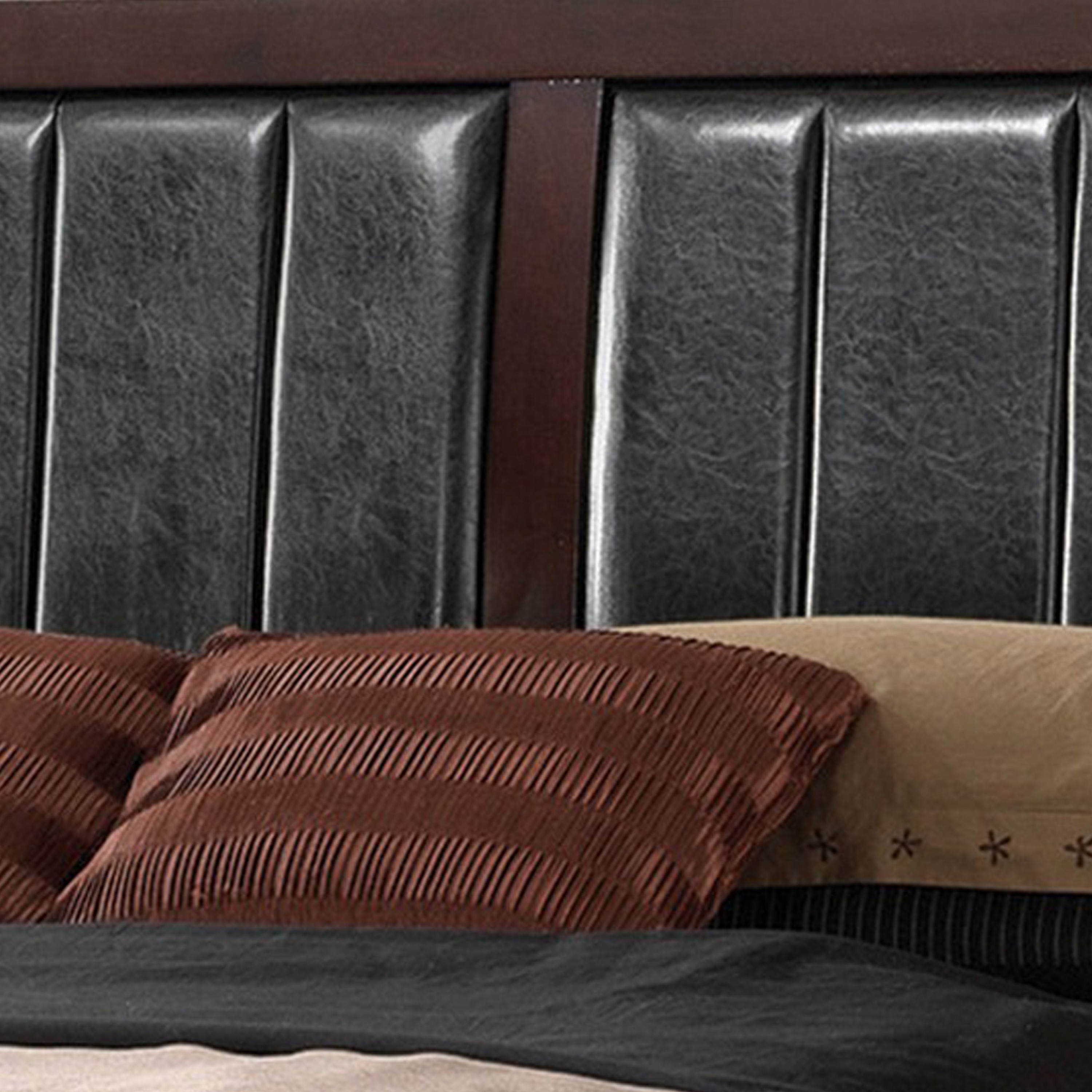 Vida Full Size Panel Bed, Black Leather Upholstery, Tapered Legs, Brown- Saltoro Sherpi
