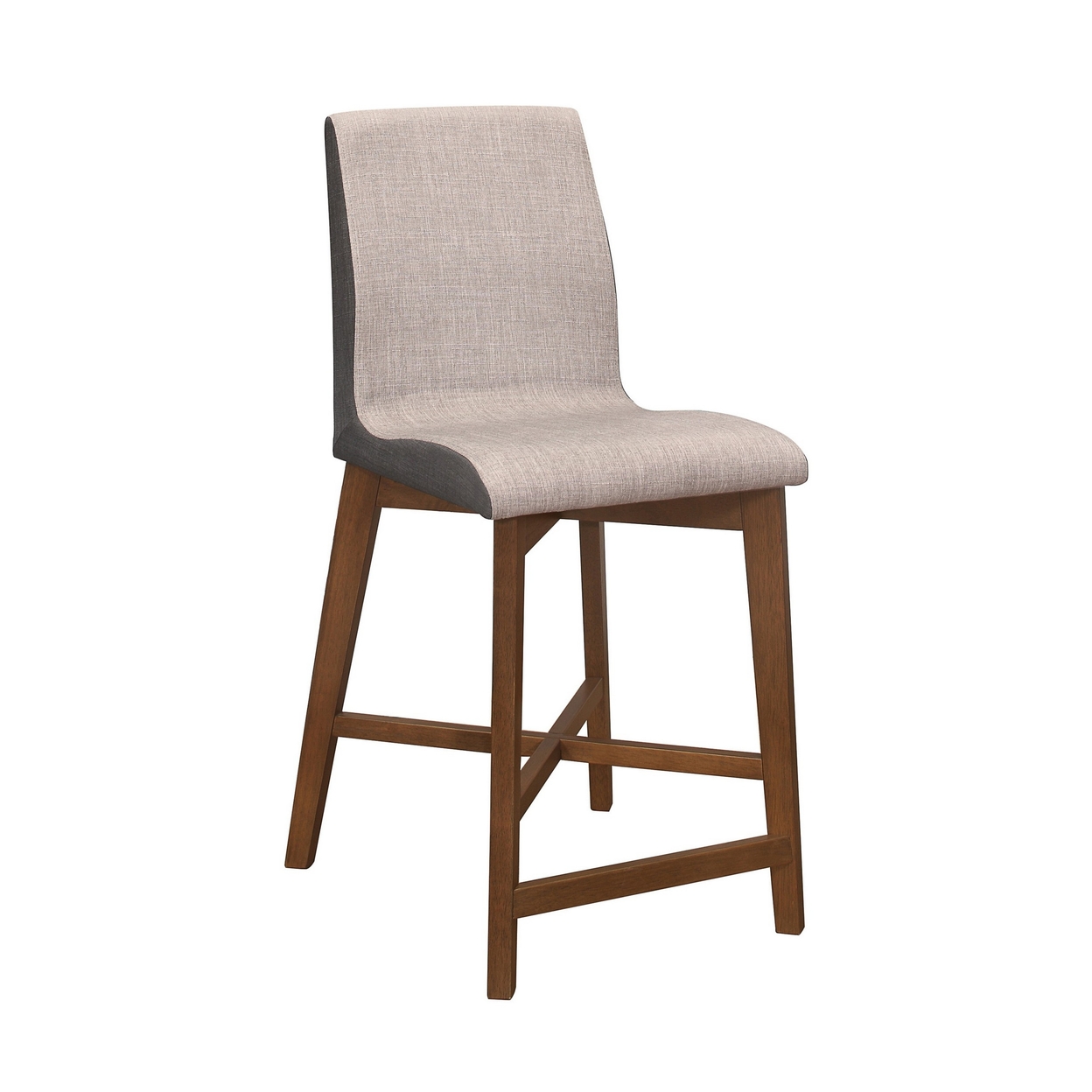 25 Inch Walnut Counter Height Stool With Curved Seat, Taupe Gray Fabric - Saltoro Sherpi
