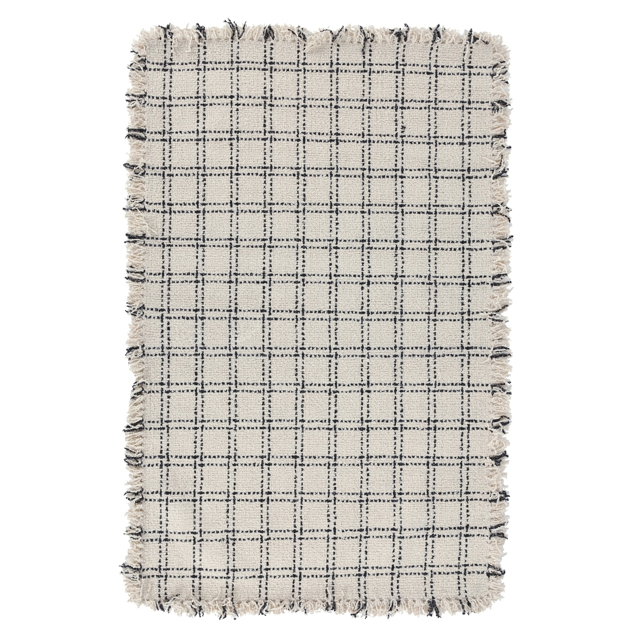 Luk 5 X 8 Medium Handwoven Wool Area Rug, Checkered Pattern, Ivory, Black- Saltoro Sherpi