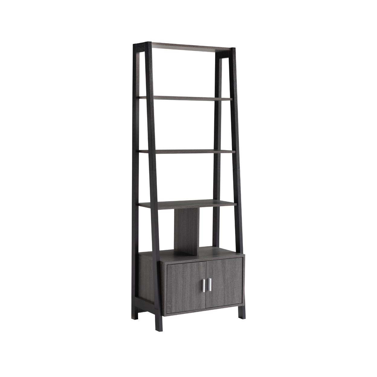 70 Inch Ladder Bookcase With Double Door Cabinet, 3 Shelves, Gray, Black- Saltoro Sherpi