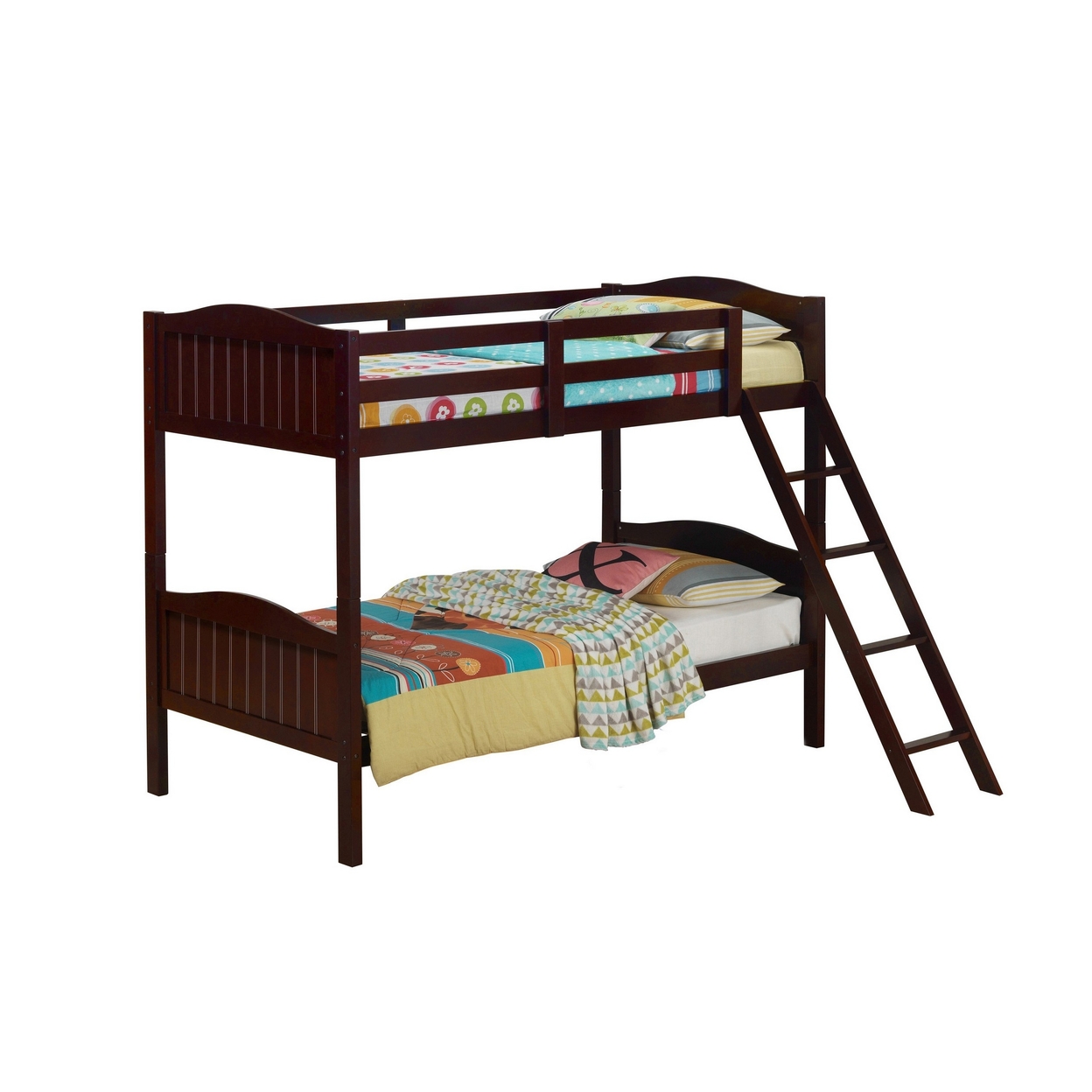 Mok Wood Twin Bunk Bed With Ladder And Guardrail, Farm Plank Style, Brown- Saltoro Sherpi