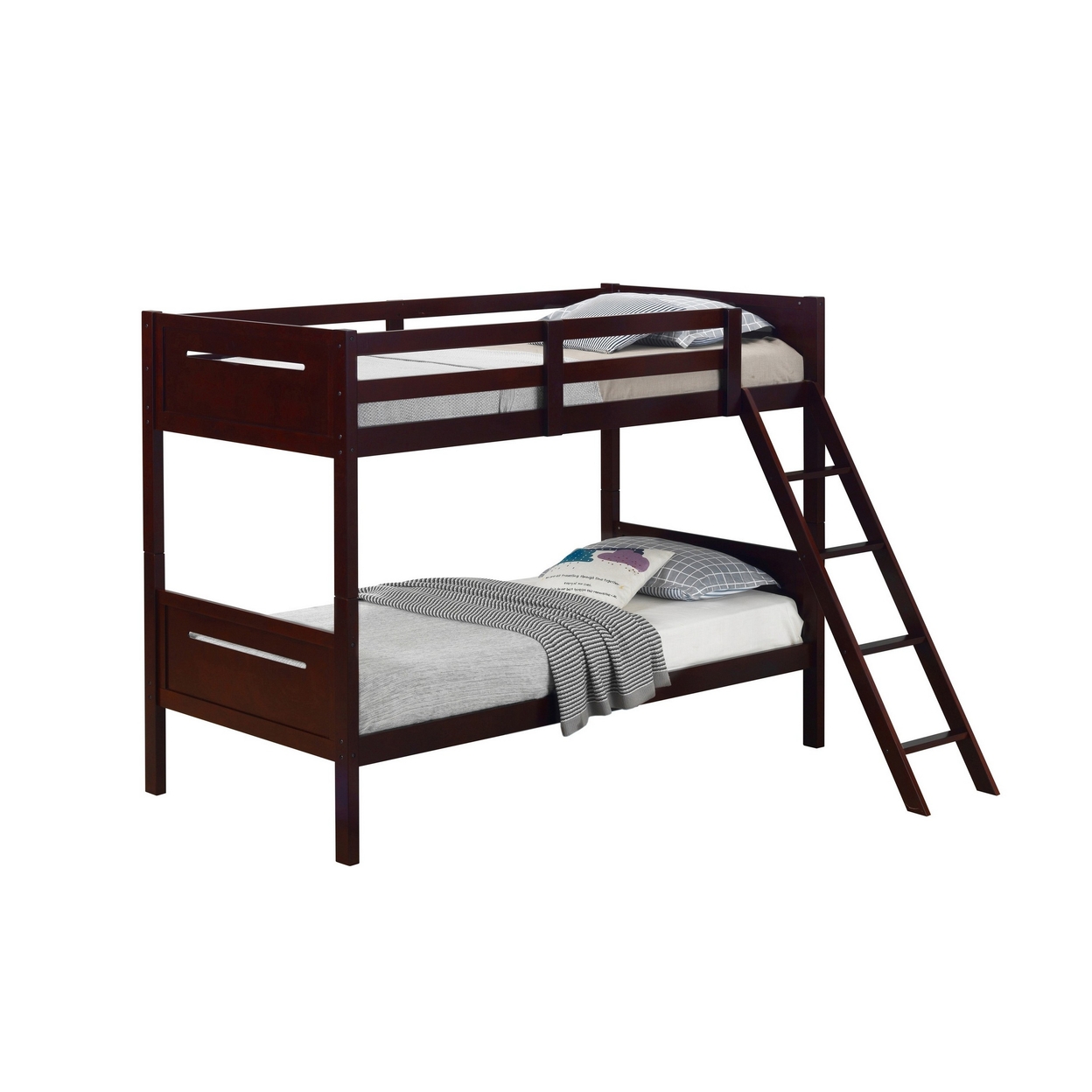 Amey Wood Twin Bunk Bed With Angled Ladder, Guardrail, Slat Kit, Brown- Saltoro Sherpi