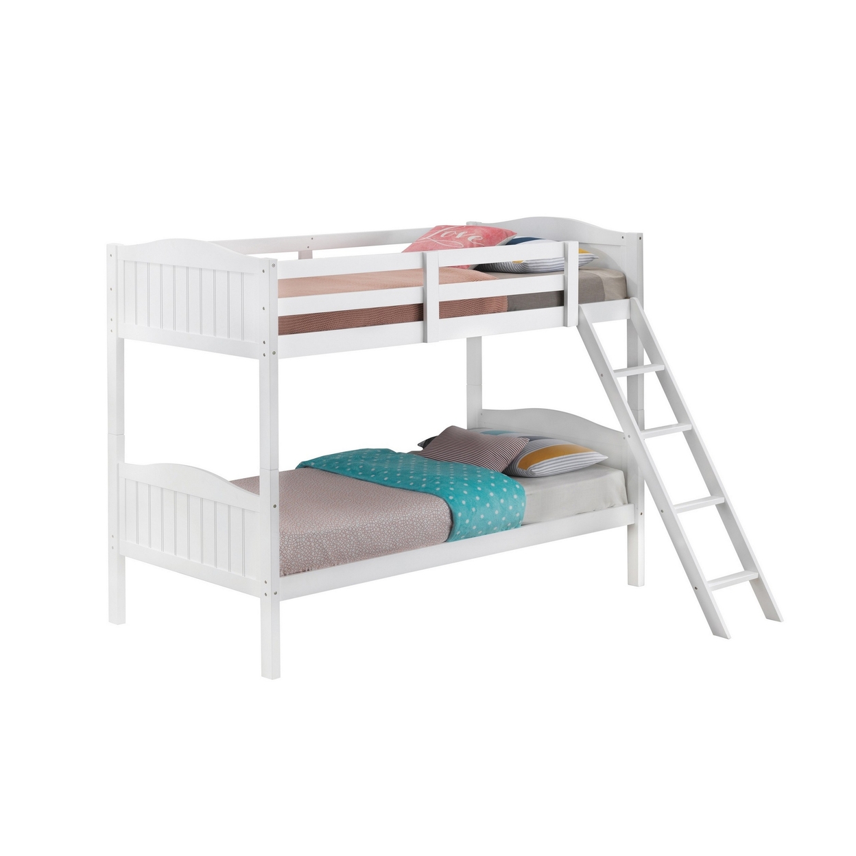 Mok Wood Twin Bunk Bed With Ladder And Guardrail, Farm Plank Style, White- Saltoro Sherpi