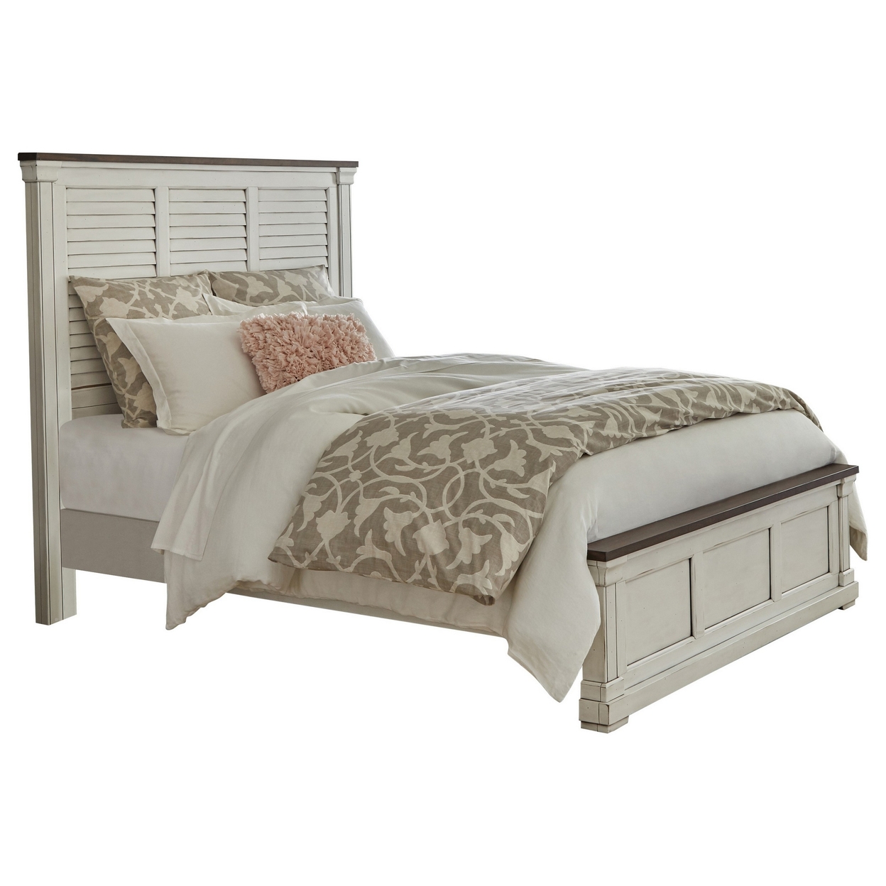 Ola Queen Panel Bed, Shutter Style Headboard, Molded Trim, White And Brown- Saltoro Sherpi