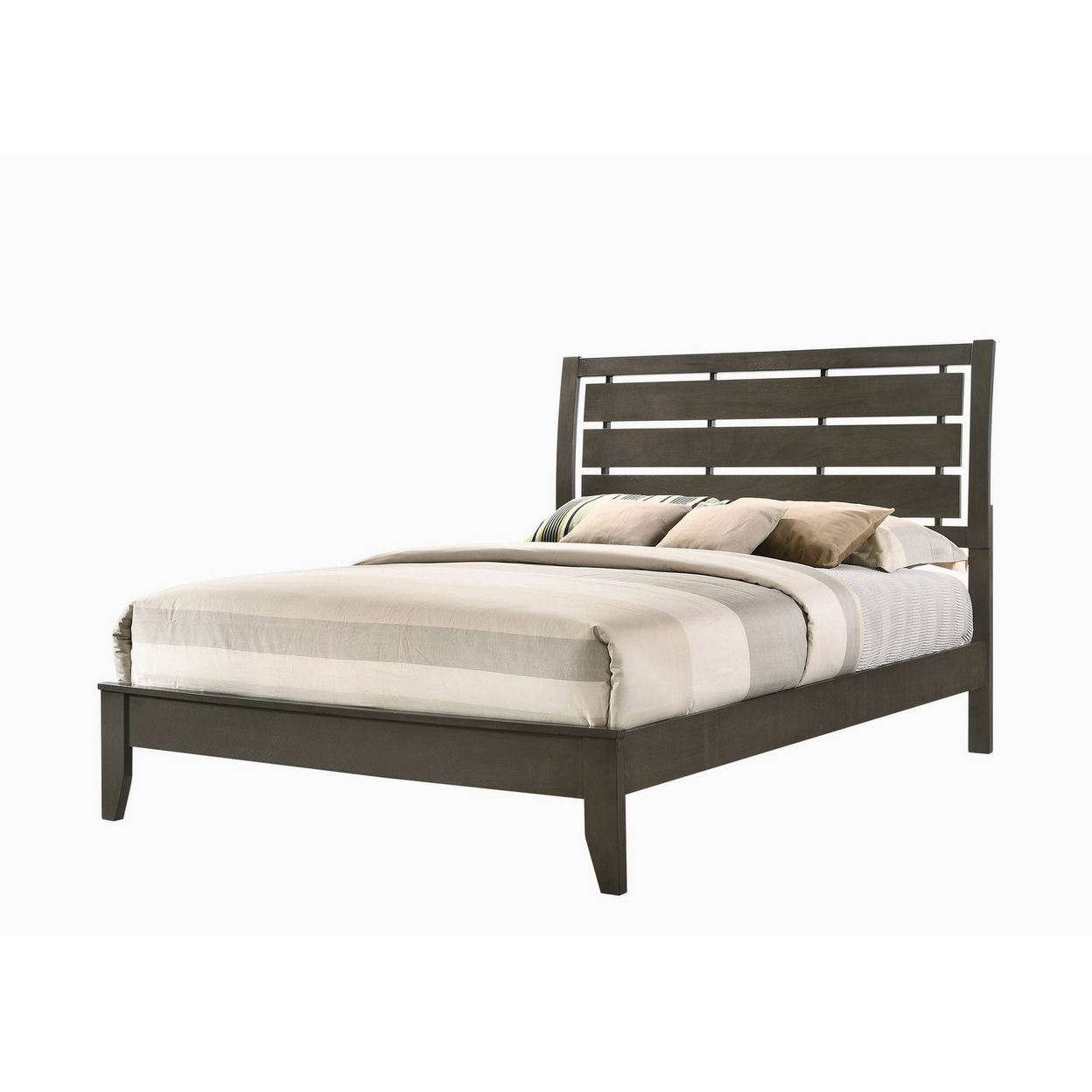 Twin Size Bed, Horizontal Slatted Headboard, Low Platform, Gray Finish- Saltoro Sherpi