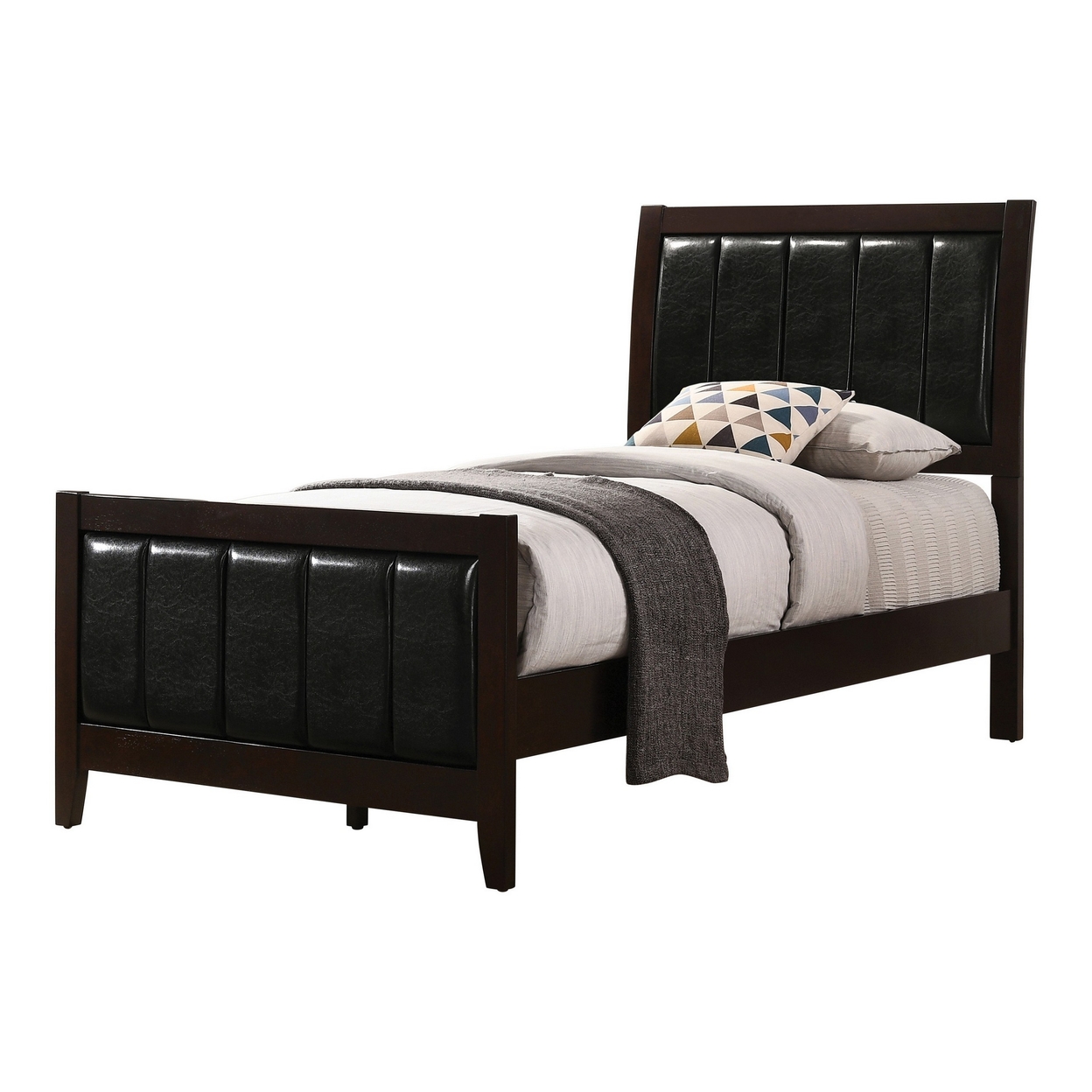 Vida Twin Size Panel Bed, Black Leather Upholstery, Tapered Legs, Brown- Saltoro Sherpi