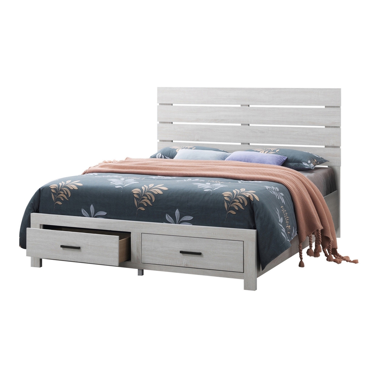Ach Wood King Storage Bed With 2 Drawers, Plank Style Headboard, White- Saltoro Sherpi