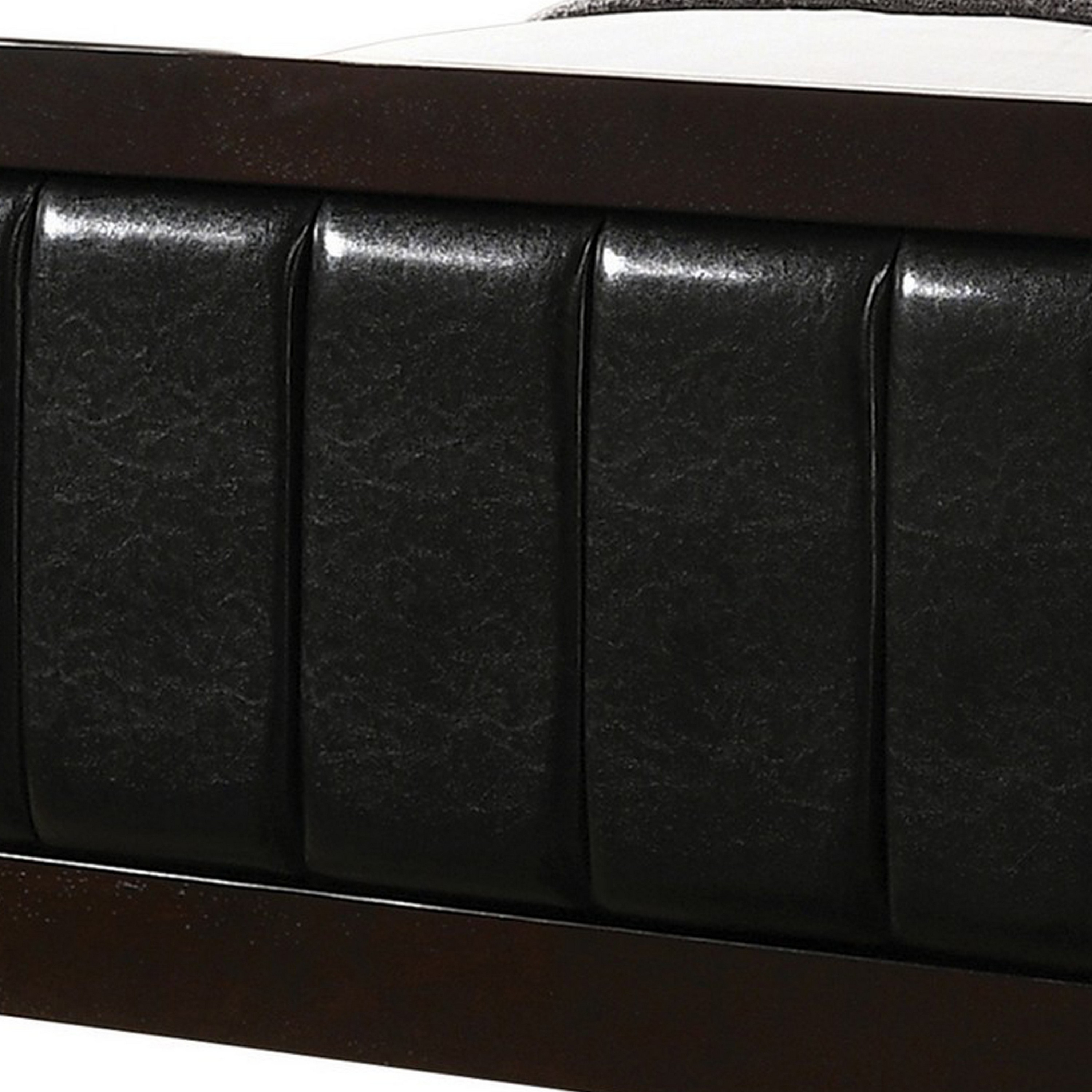 Vida Twin Size Panel Bed, Black Leather Upholstery, Tapered Legs, Brown- Saltoro Sherpi
