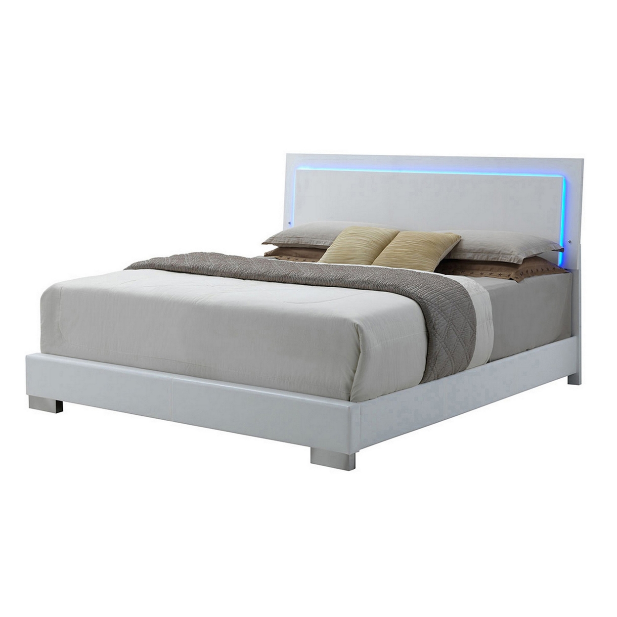 Sok Queen Panel Bed With LED Headboard, Low Profile Footboard, Glossy White- Saltoro Sherpi