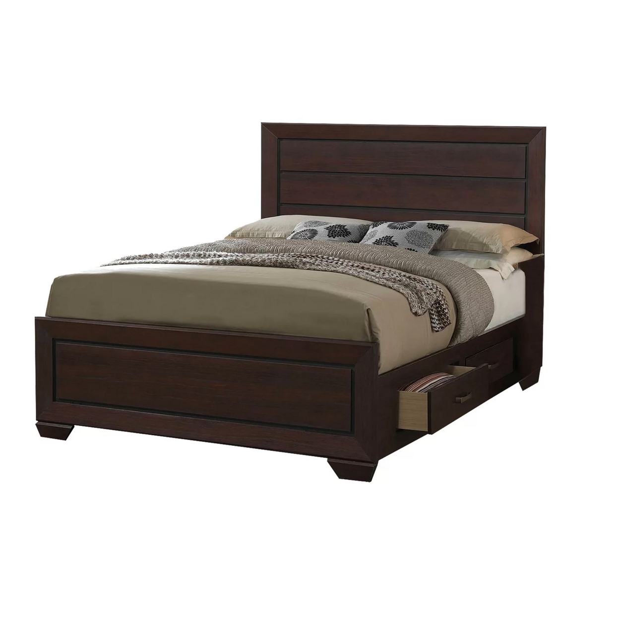 Bello California King Size Storage Bed, 2 Drawers, Wood Grains, Dark Brown- Saltoro Sherpi