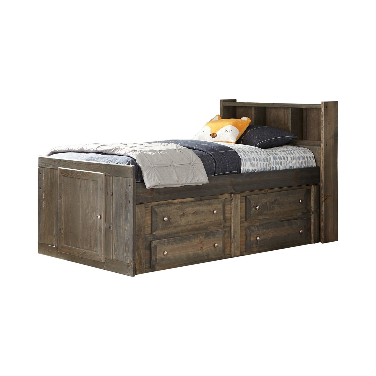 Sun Wood Twin Storage Bed, Bookcase Headboard And 4 Underbed Drawer, Brown- Saltoro Sherpi