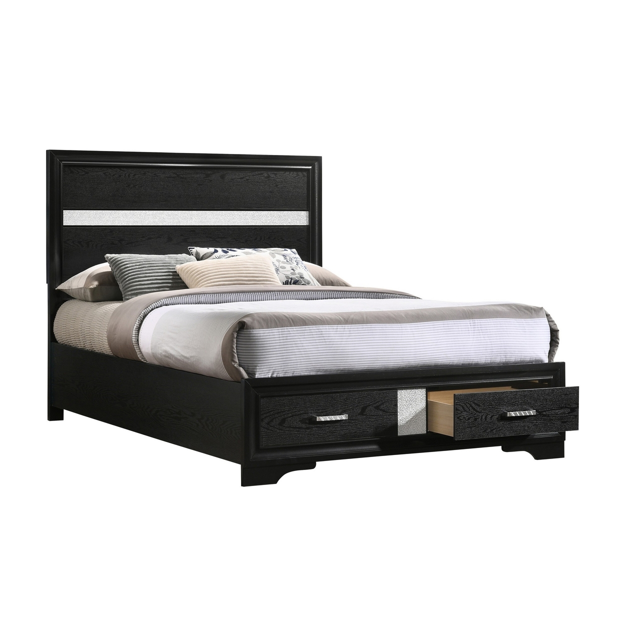 Vino Full Size Panel Bed With 2 Storage Drawers, Acrylic Glitter, Black- Saltoro Sherpi