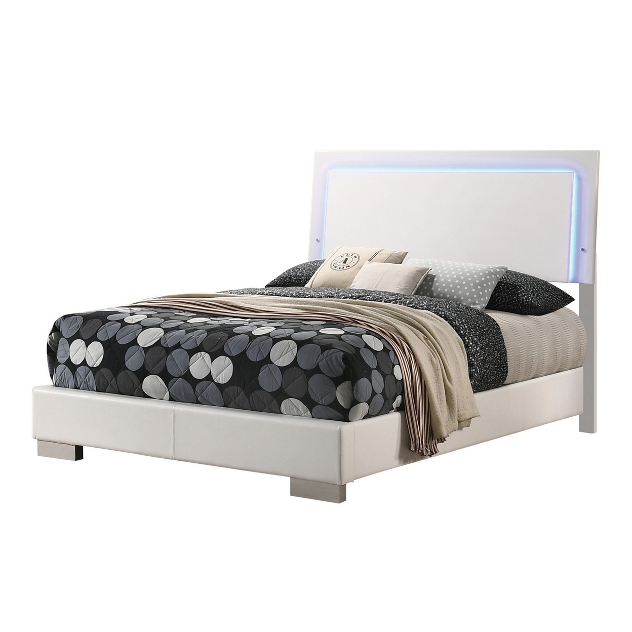 Sok Full Panel Bed With LED Headboard, Low Profile Footboard, Glossy White- Saltoro Sherpi
