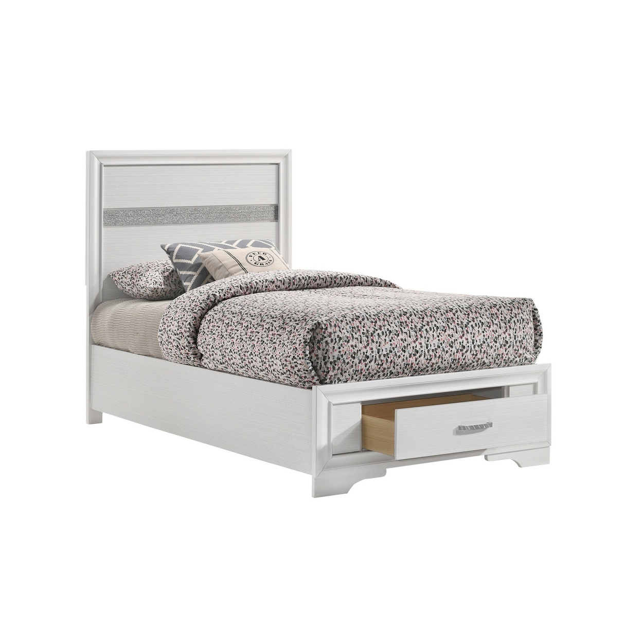 Vino Twin Size Panel Bed With 2 Storage Drawers, Acrylic Glitter, White- Saltoro Sherpi