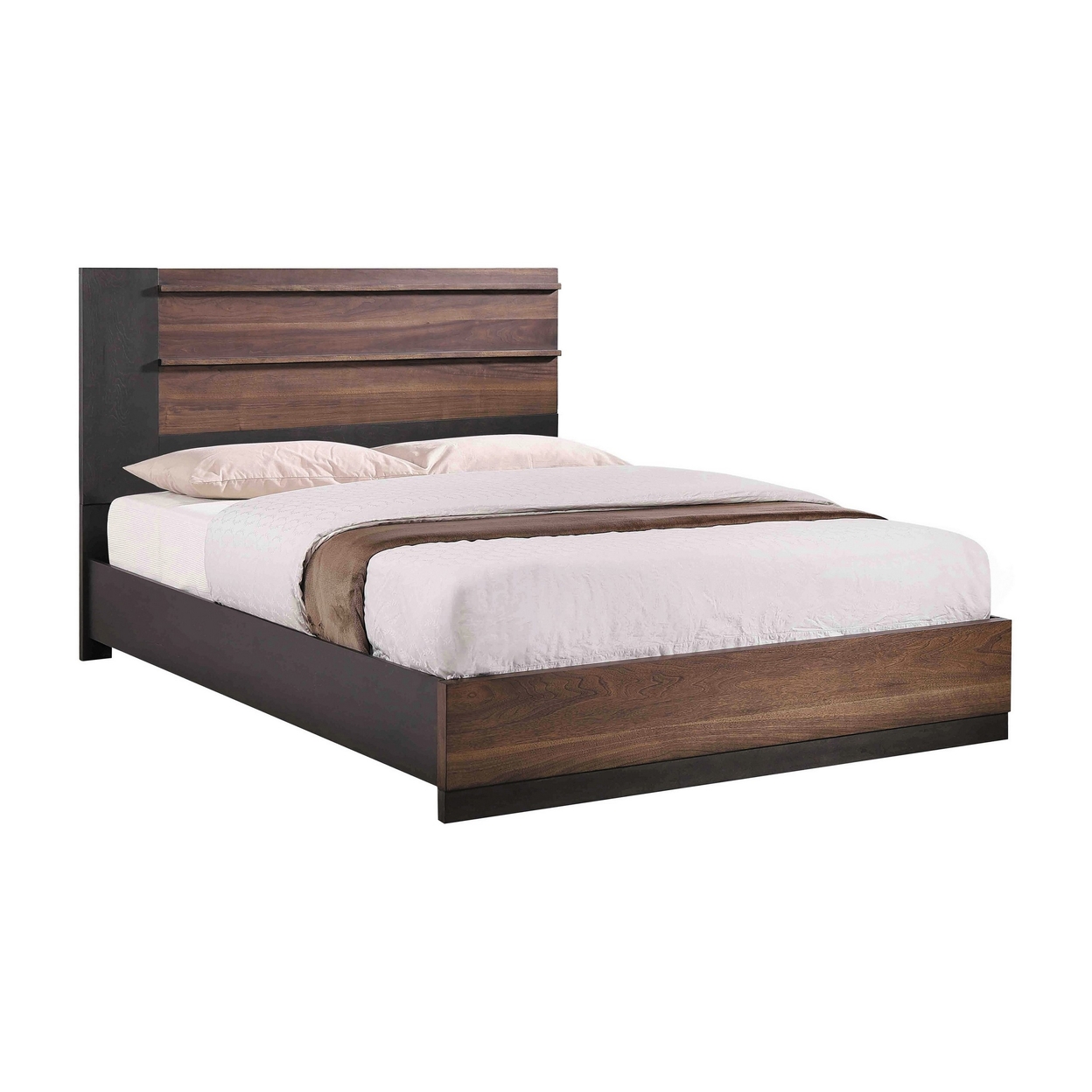 Ras King Platform Bed, Minimalist Plank Panel Headboard, Black And Brown- Saltoro Sherpi