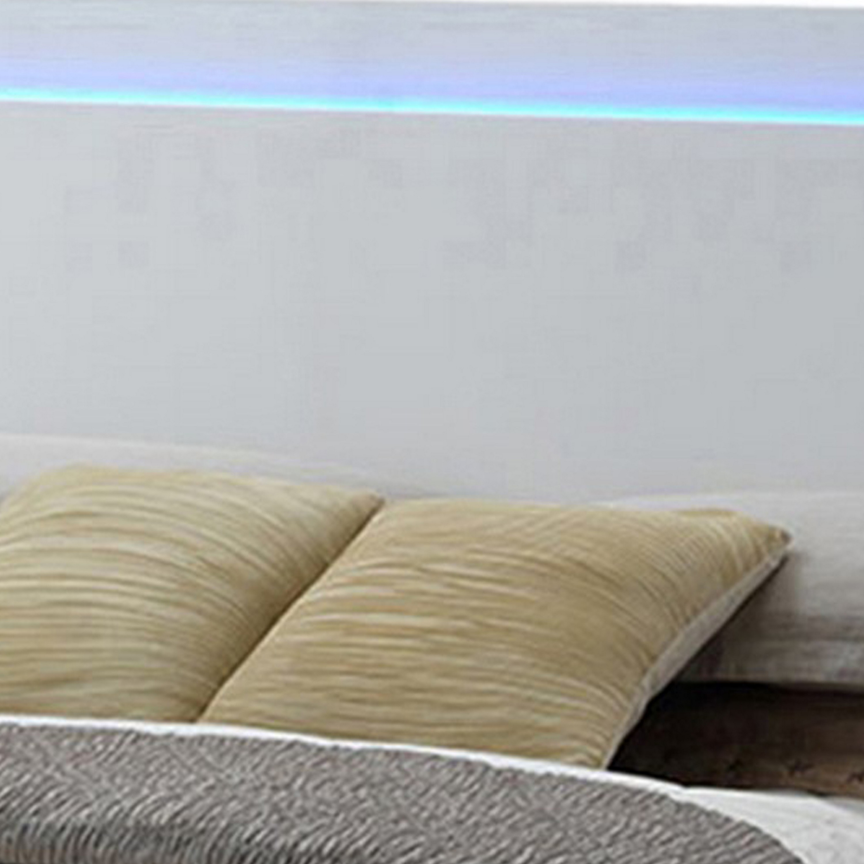 Sok King Panel Bed With LED Headboard, Low Profile Footboard, Glossy White- Saltoro Sherpi