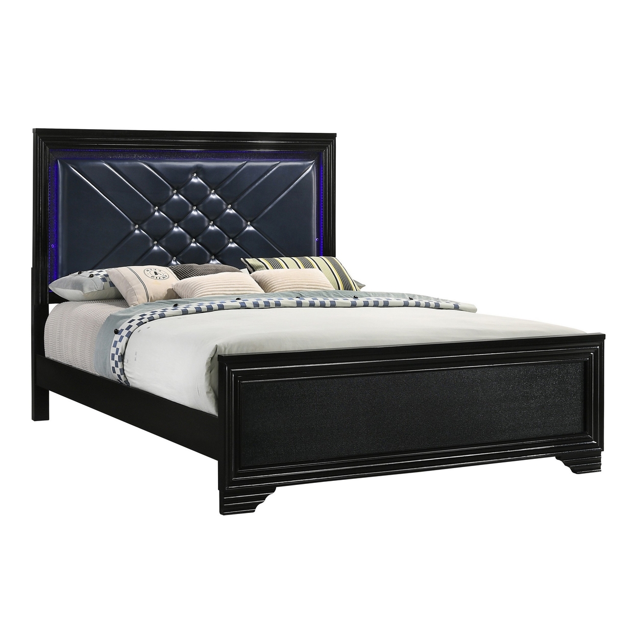 Vini Queen Bed, LED Headboard, Midnight Blue Faux Leather Upholstery, Black- Saltoro Sherpi