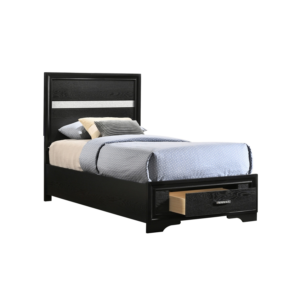 Vino Twin Size Panel Bed With 2 Storage Drawers, Acrylic Glitter, Black- Saltoro Sherpi