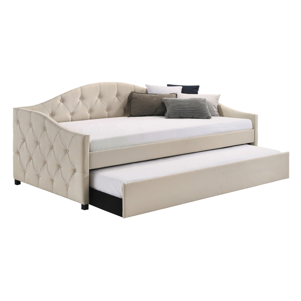 Mosh Twin Daybed With Trundle, Camel Back, Tufted, Taupe Beige Upholstery- Saltoro Sherpi