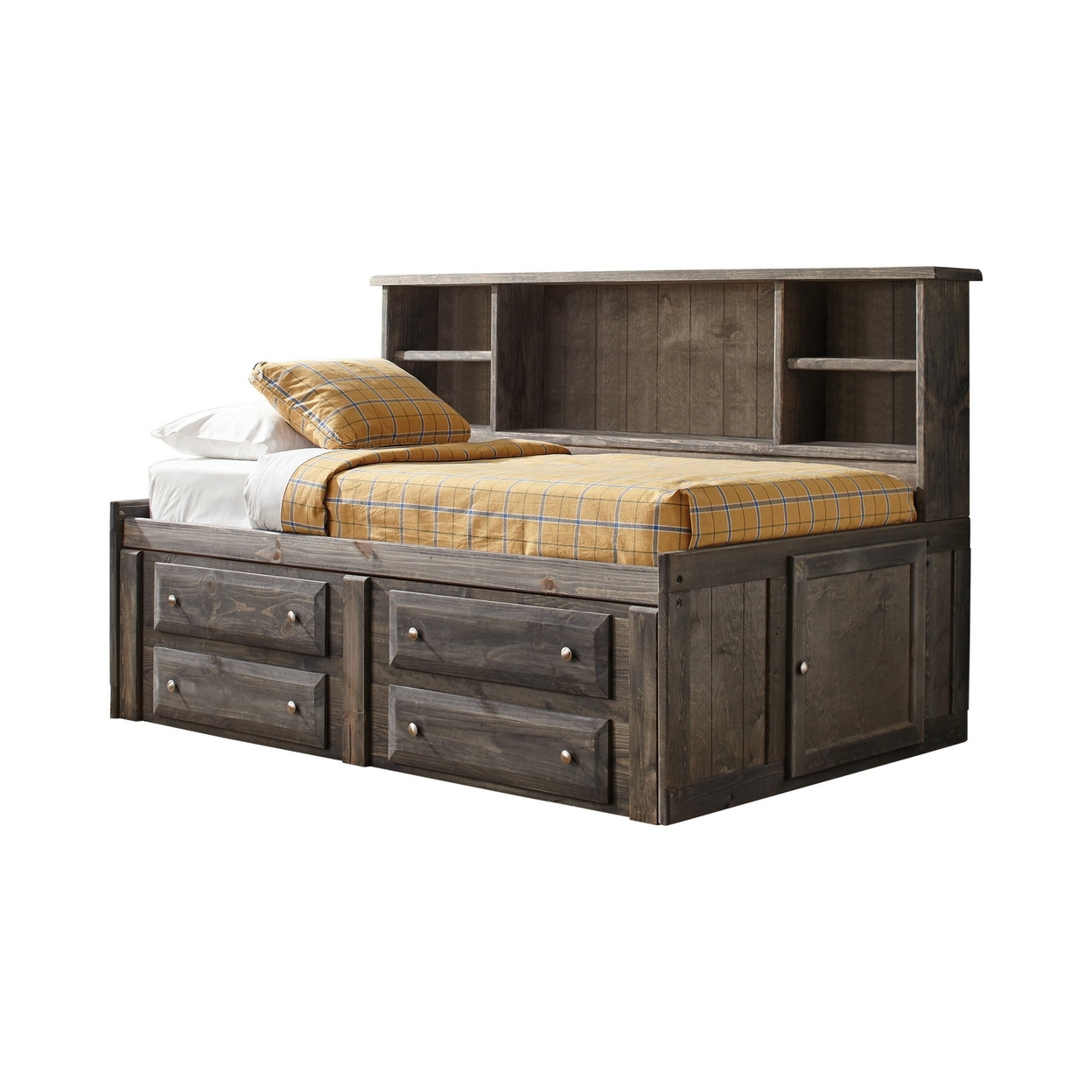 Sun Wood Twin Storage Daybed, Bookcase Headboard, 4 Underbed Drawer, Brown- Saltoro Sherpi