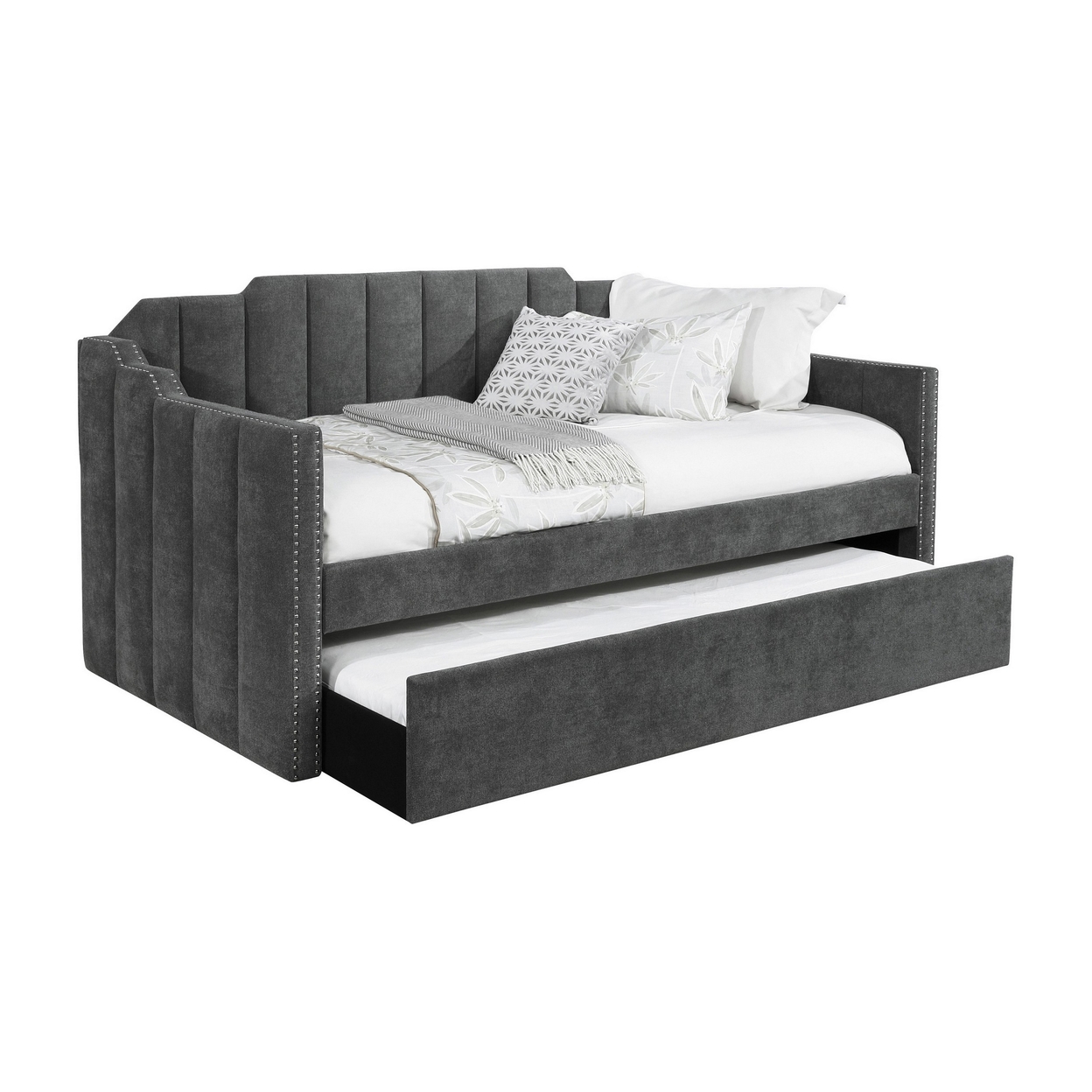 Tara Notched Twin Daybed With Trundle, Nailheads, Gray Velvet Upholstery- Saltoro Sherpi