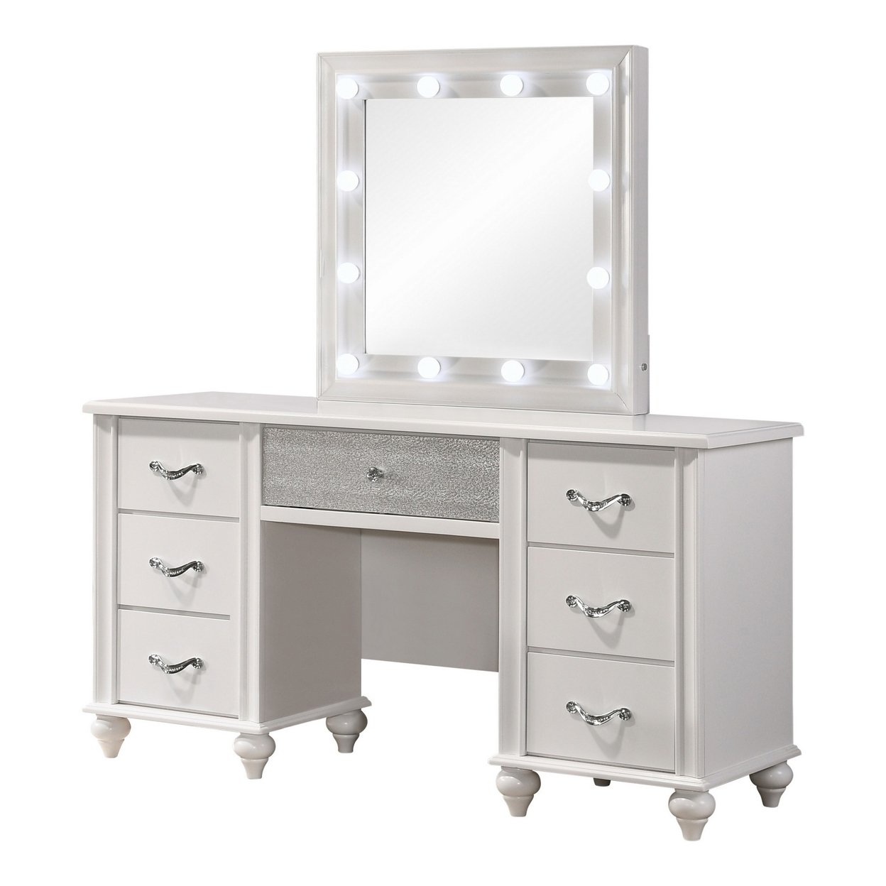 Dini 62 Inch 7 Drawer Vanity Desk With LED Lighted Mirror, Classic White- Saltoro Sherpi
