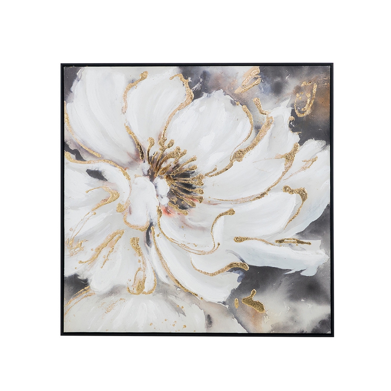 36 X 36 Inch Framed Wall Art, Floral Oil Painting On Canvas, White Gold- Saltoro Sherpi