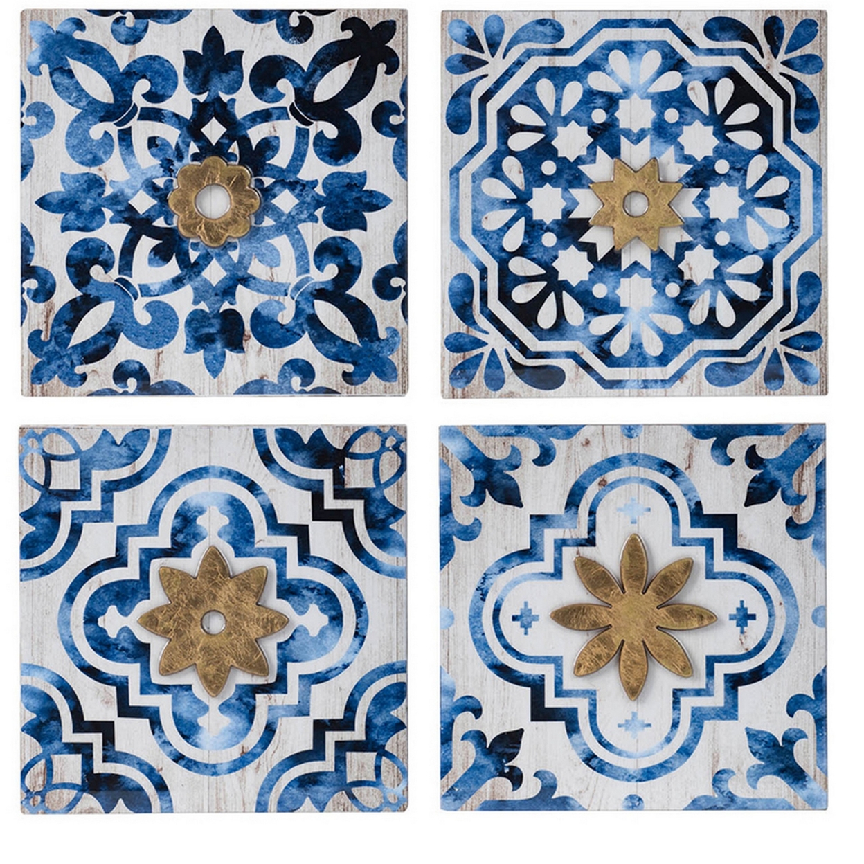 Set Of 4 Classic Framed Wall Decor, Abstract Tile Design, White And Blue- Saltoro Sherpi