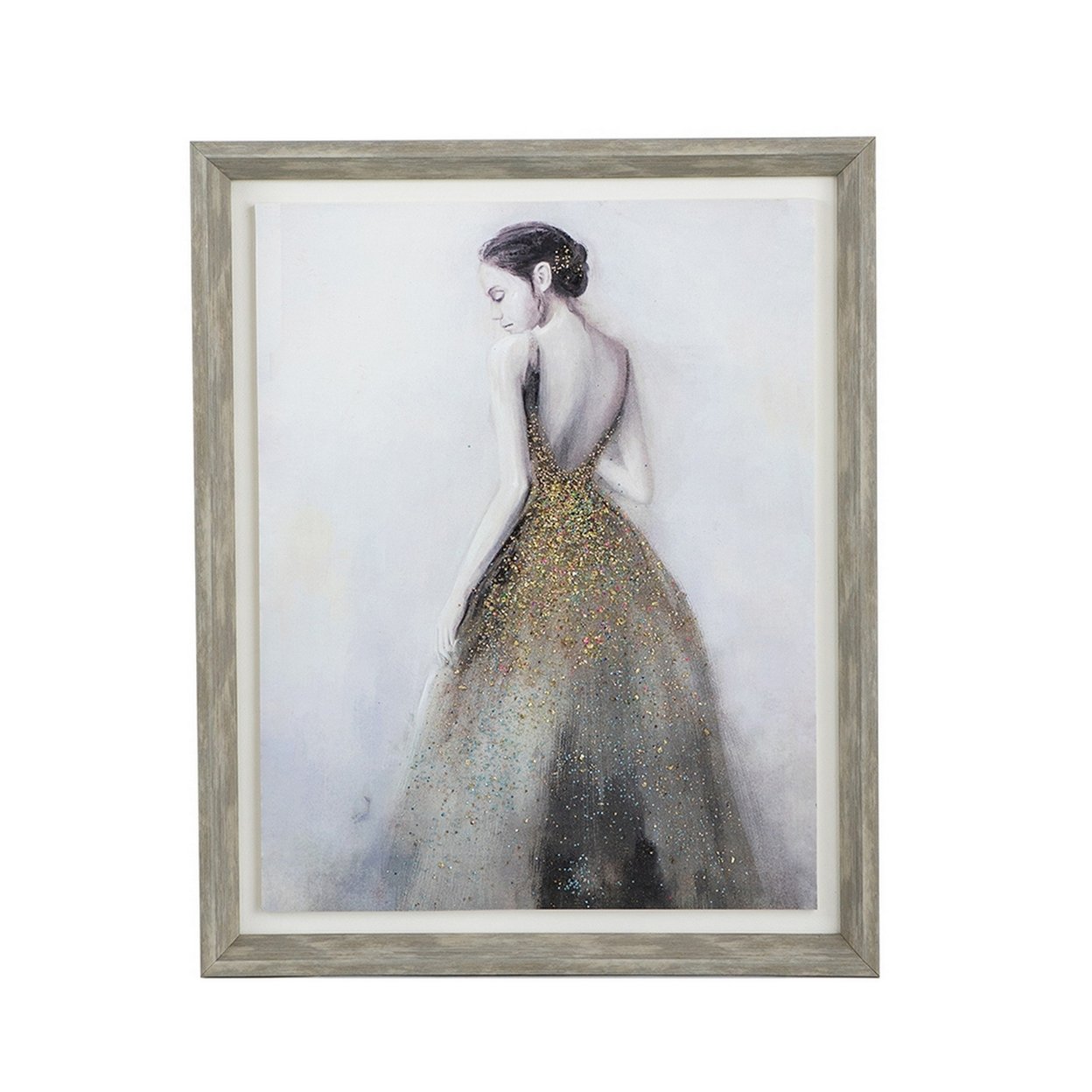 17 X 21 Inch Rectangular Framed Artwork, Elegant Woman, Gold Accents, White- Saltoro Sherpi