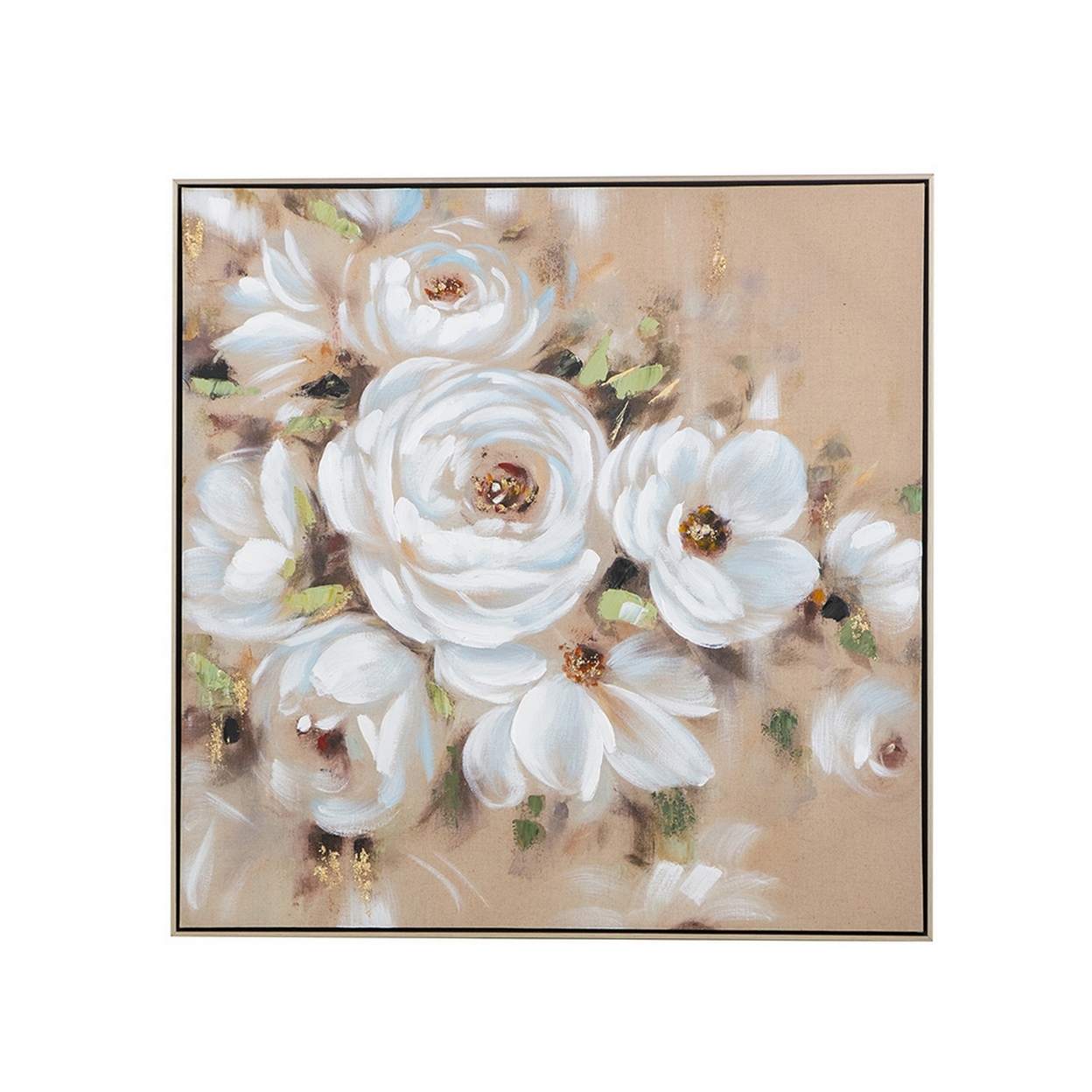 36 Inch Hand Painted Wall Art, White Blossom Roses, Framed Canvas - Saltoro Sherpi
