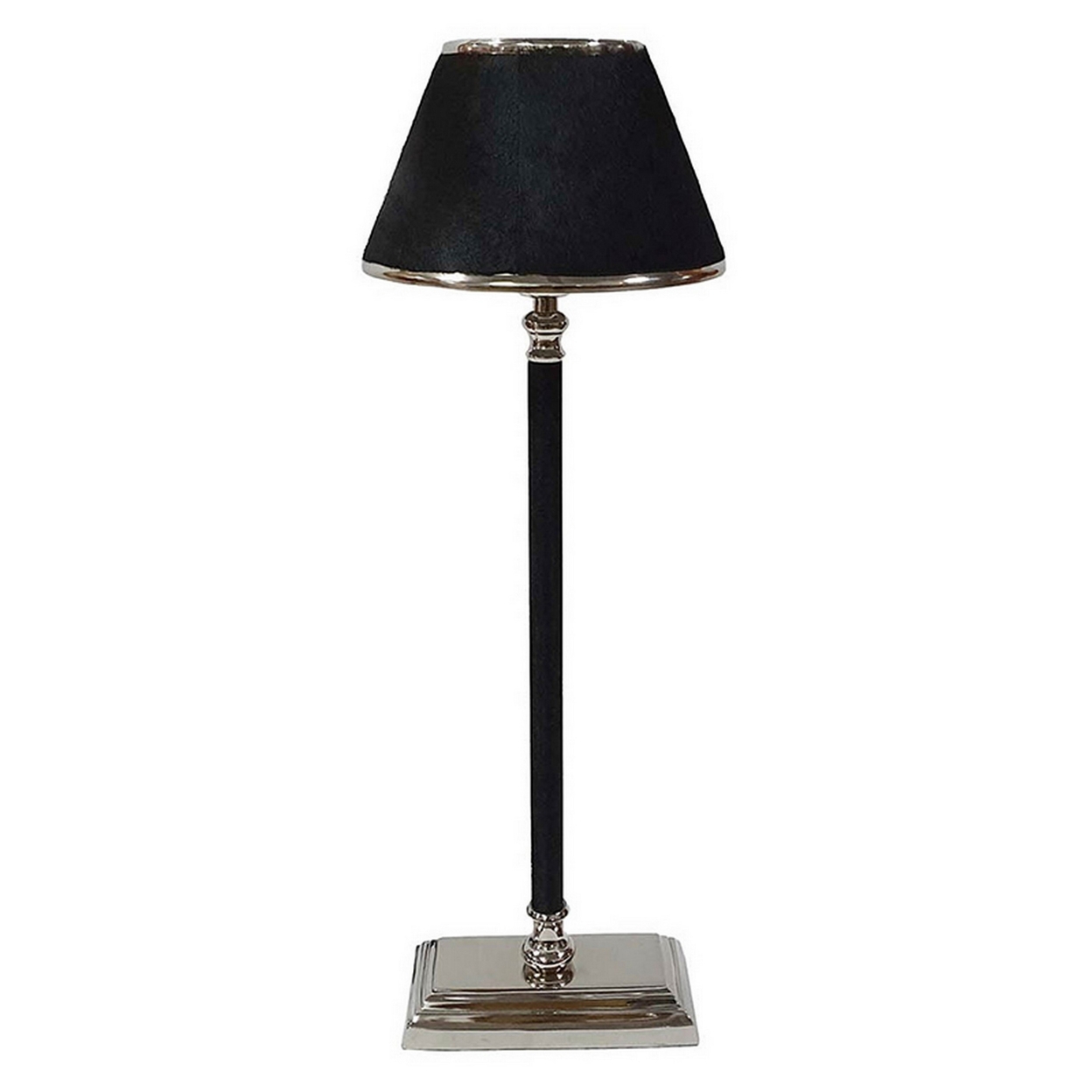 23 Inch Table Lamp, Leather Wrapped Tapered Shade, Aluminum, Black, Nickel- Saltoro Sherpi
