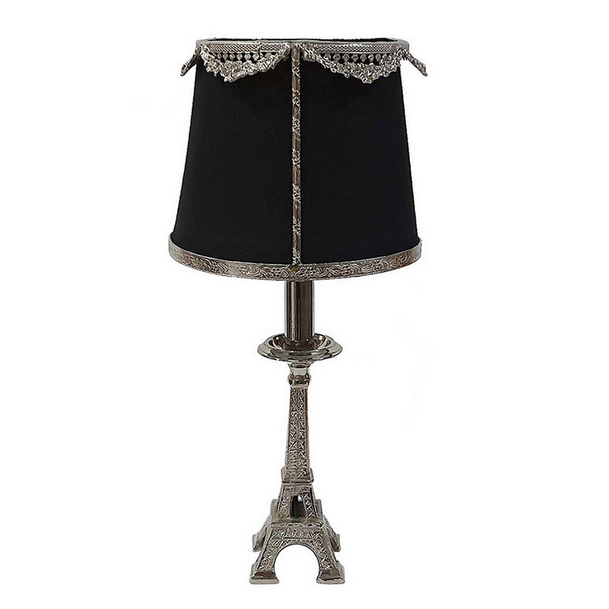 14 Inch Table Lamp, Metal Trimmed Shade, Nickel Finish, Eiffel Tower Base- Saltoro Sherpi