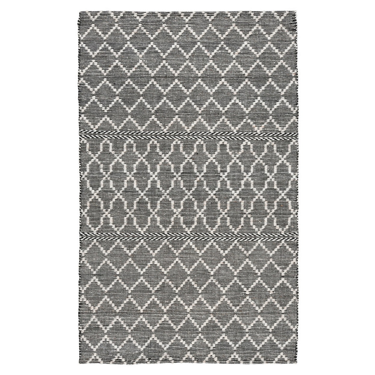 Solk 5 X 8 Medium Area Rug, Woven Polyester, Moroccan Lattice, Ivory, Black- Saltoro Sherpi