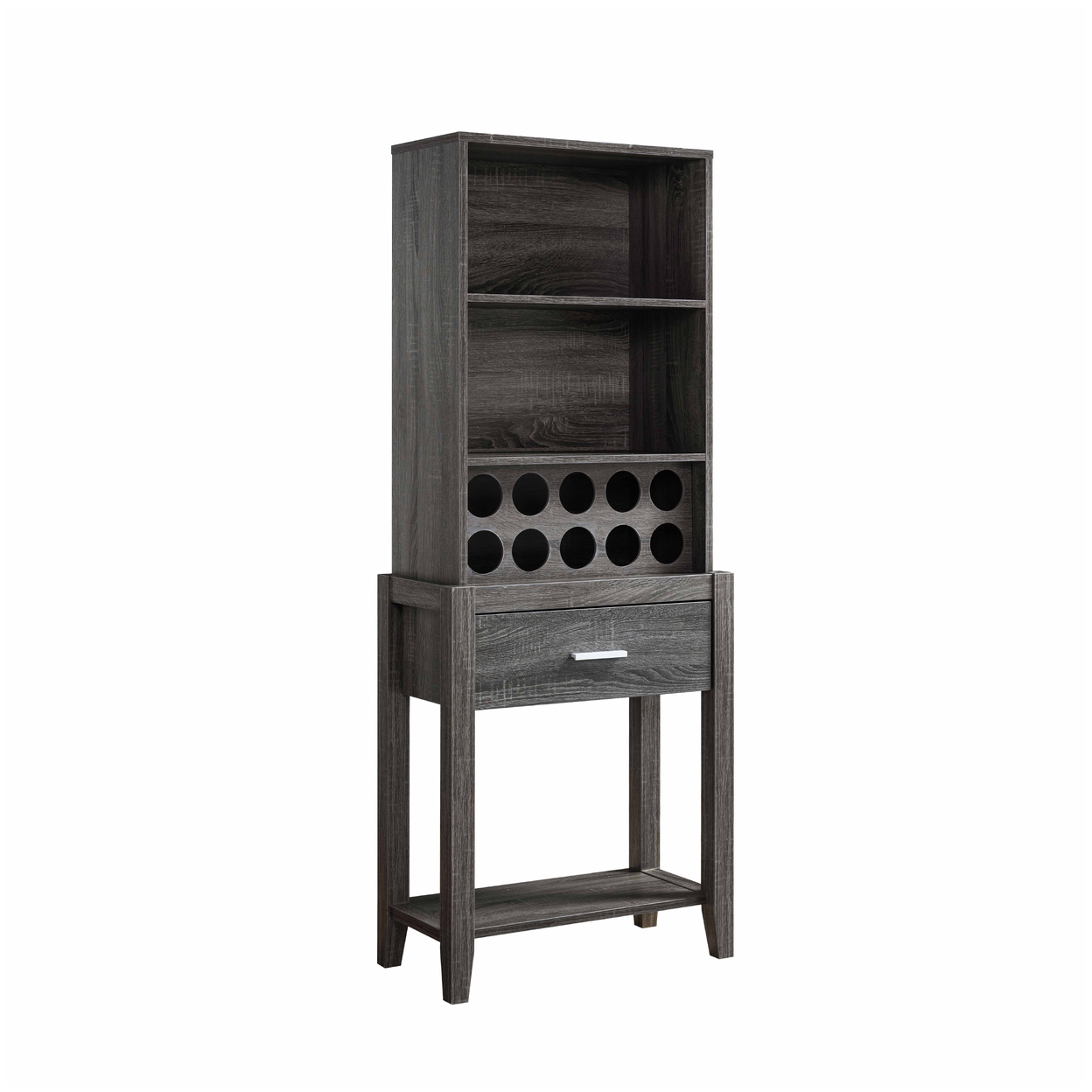66 Inch Wine Cabinet With 3 Shelves, Bottle Rack, Distressed Gray Finish- Saltoro Sherpi