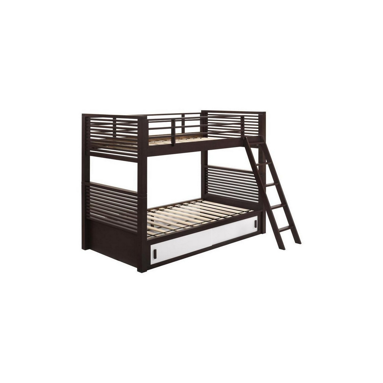 Twin Over Twin Bunk Beds With Ladder, Guardrails, And Storage, Brown Finish- Saltoro Sherpi