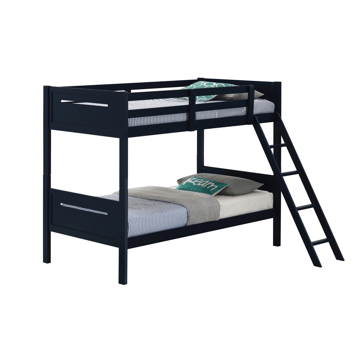 Amey Wood Twin Bunk Bed With Angled Ladder, Guardrail, Slat Kit, Blue- Saltoro Sherpi