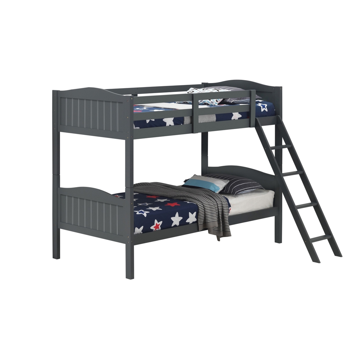Mok Wood Twin Bunk Bed With Ladder And Guardrail, Farm Plank Style, Gray- Saltoro Sherpi
