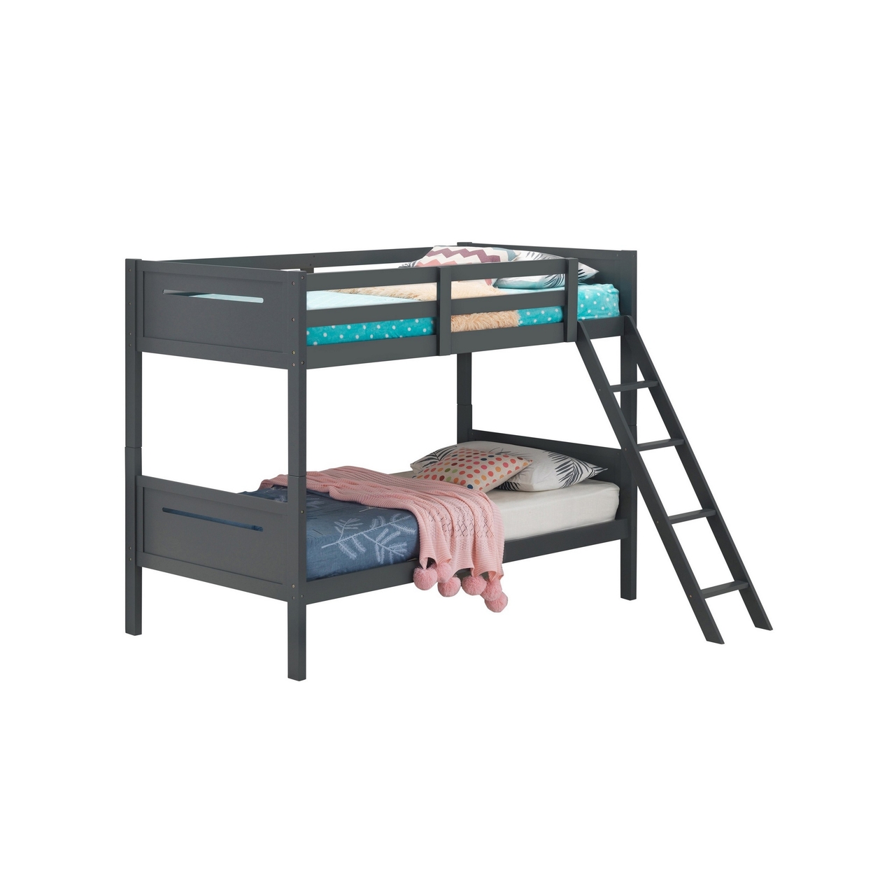 Amey Wood Twin Bunk Bed With Angled Ladder, Guardrail, Slat Kit, Gray- Saltoro Sherpi