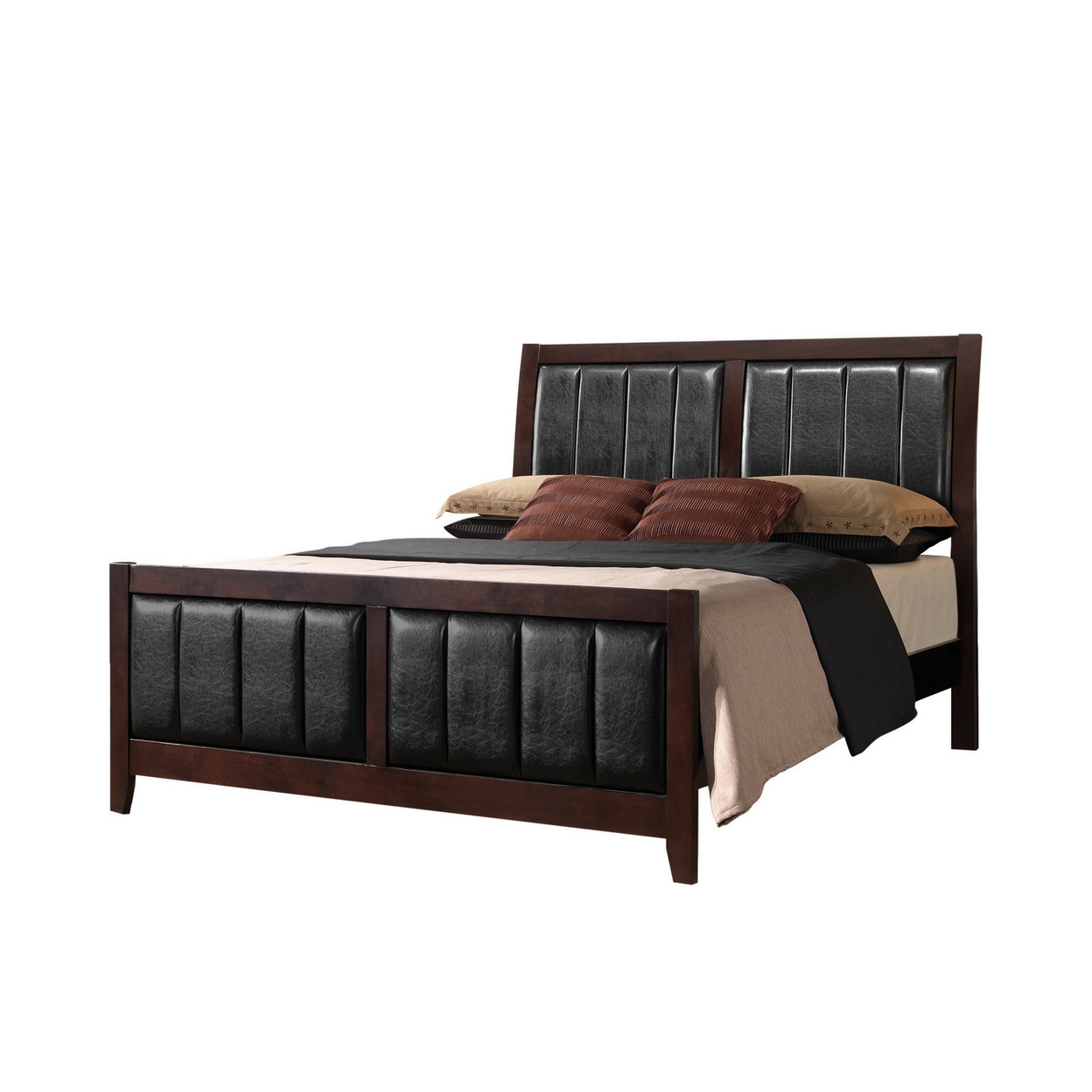 Vida Full Size Panel Bed, Black Leather Upholstery, Tapered Legs, Brown- Saltoro Sherpi