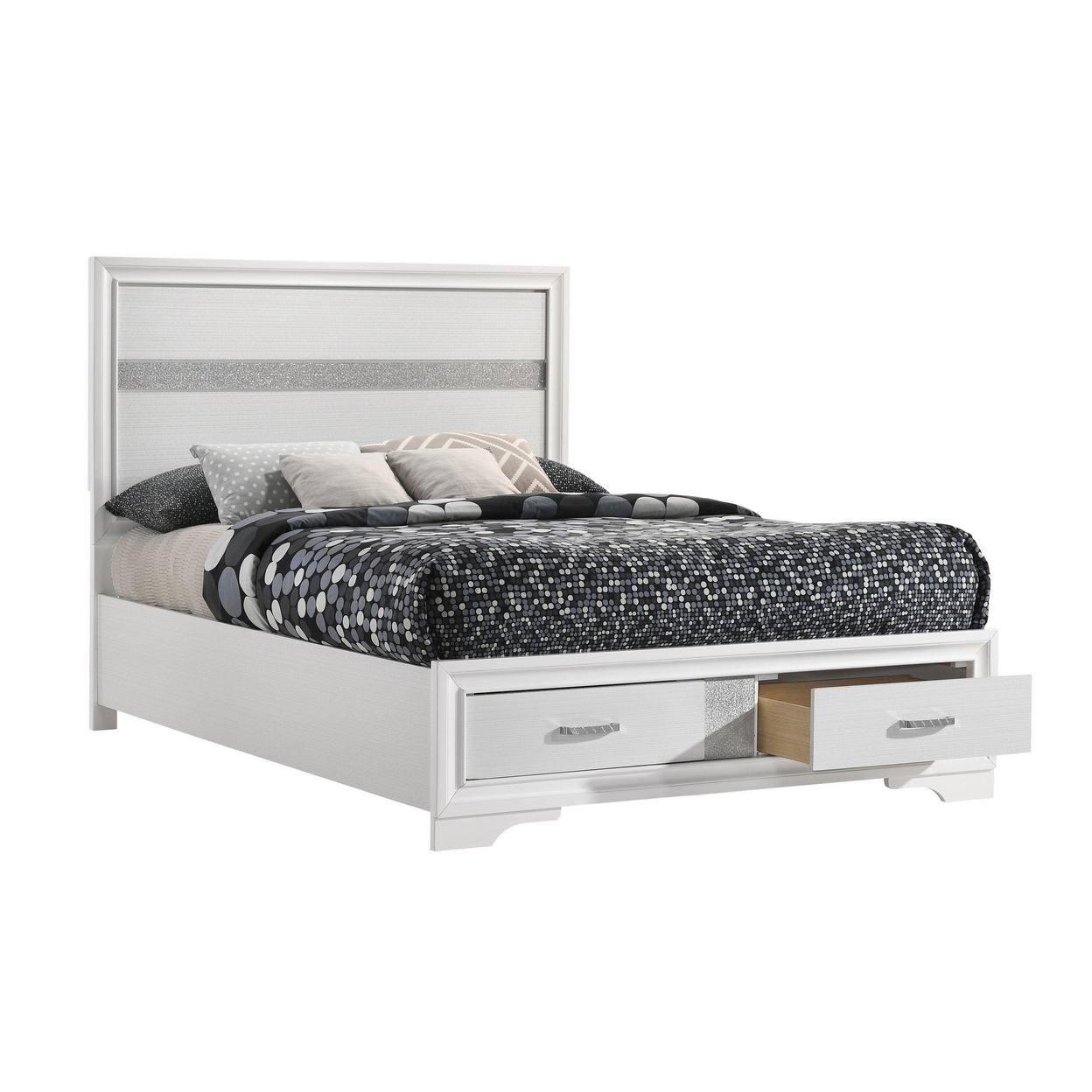 Vino Full Size Panel Bed With 2 Storage Drawers, Acrylic Glitter, White- Saltoro Sherpi